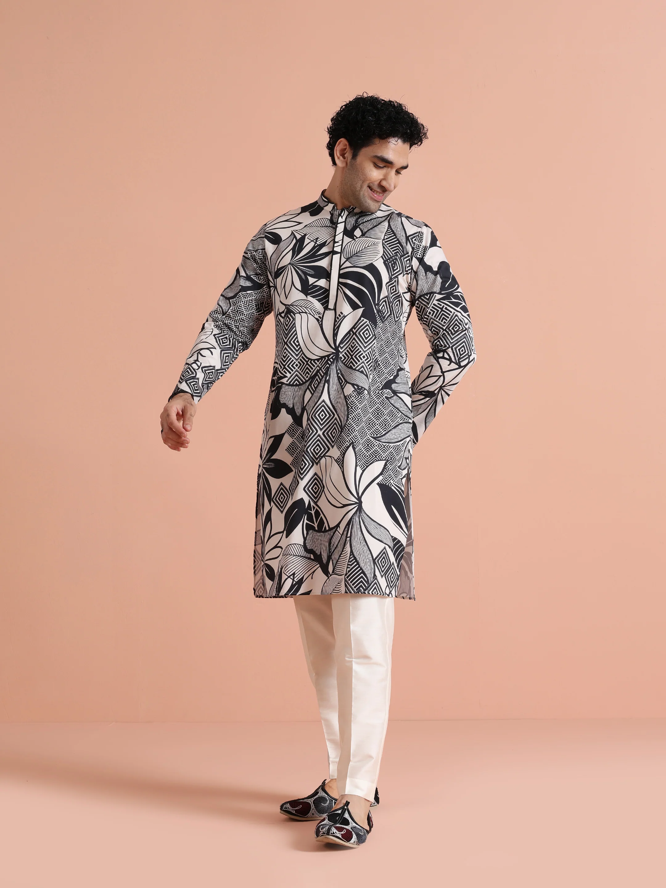 Black White Printed Cotton Kurta Trouser - Image 4