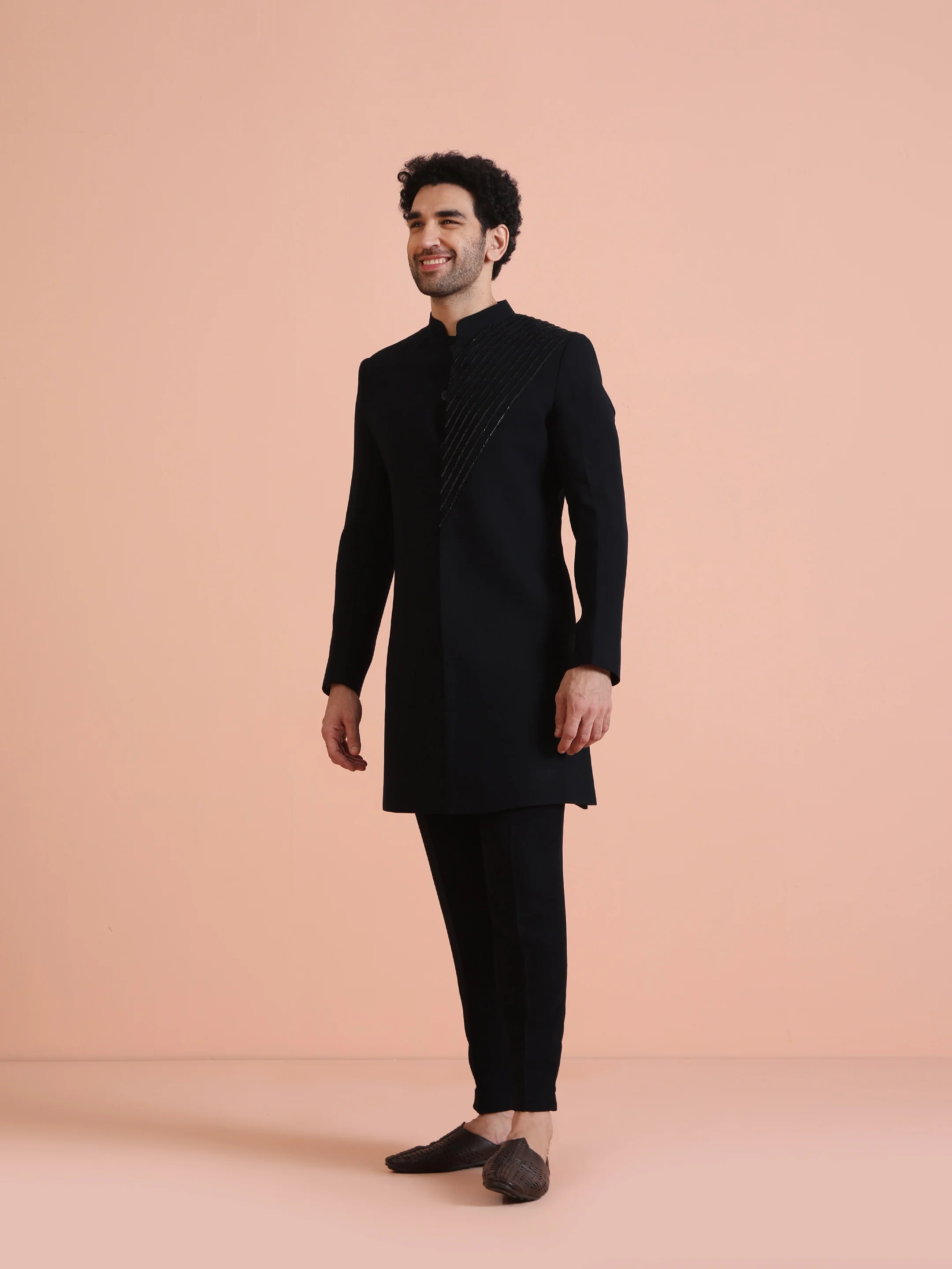 Blue Blended Embellished Sherwani Trouser Set - Image 2