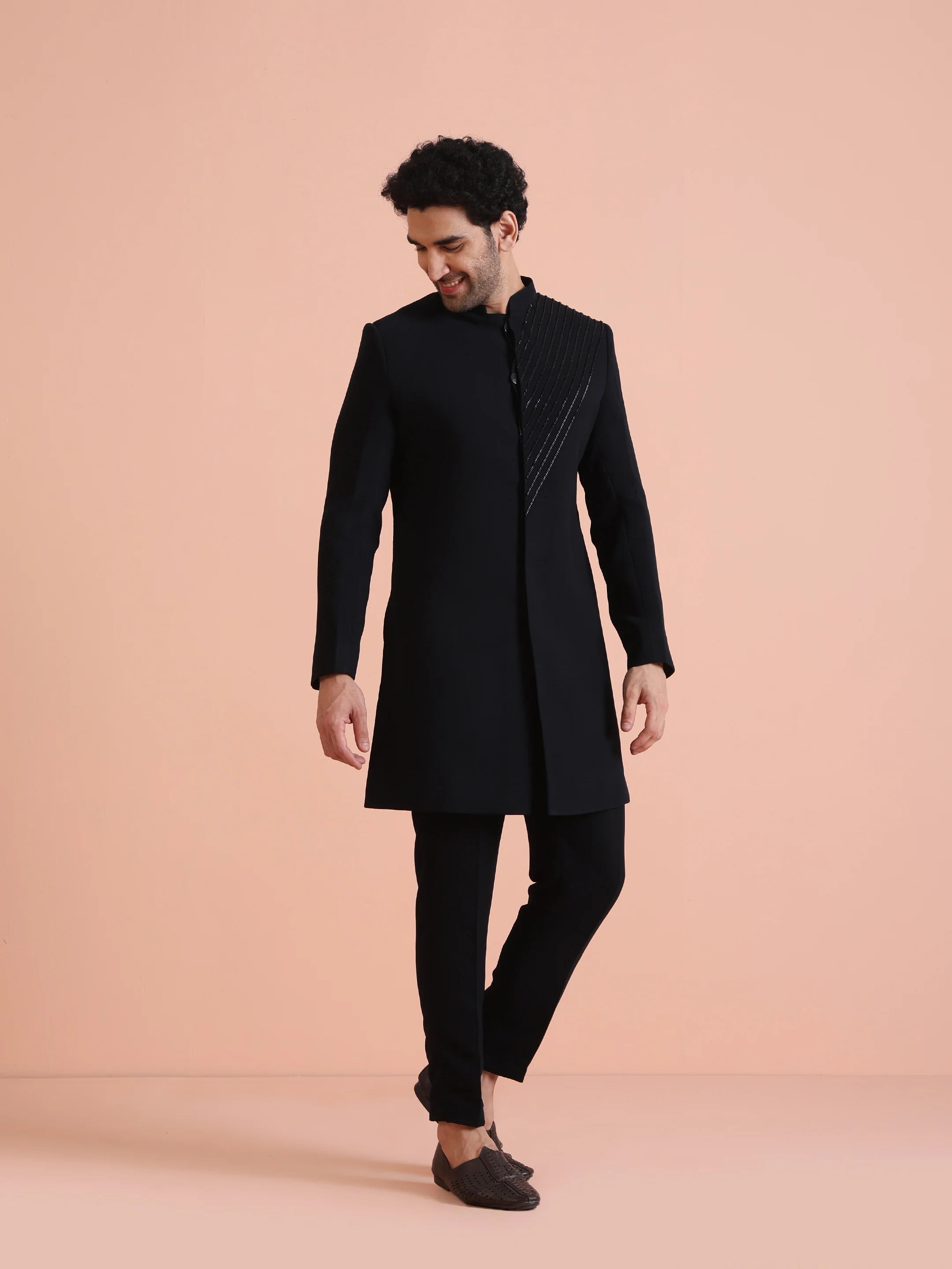 Blue Blended Embellished Sherwani Trouser Set - Image 3