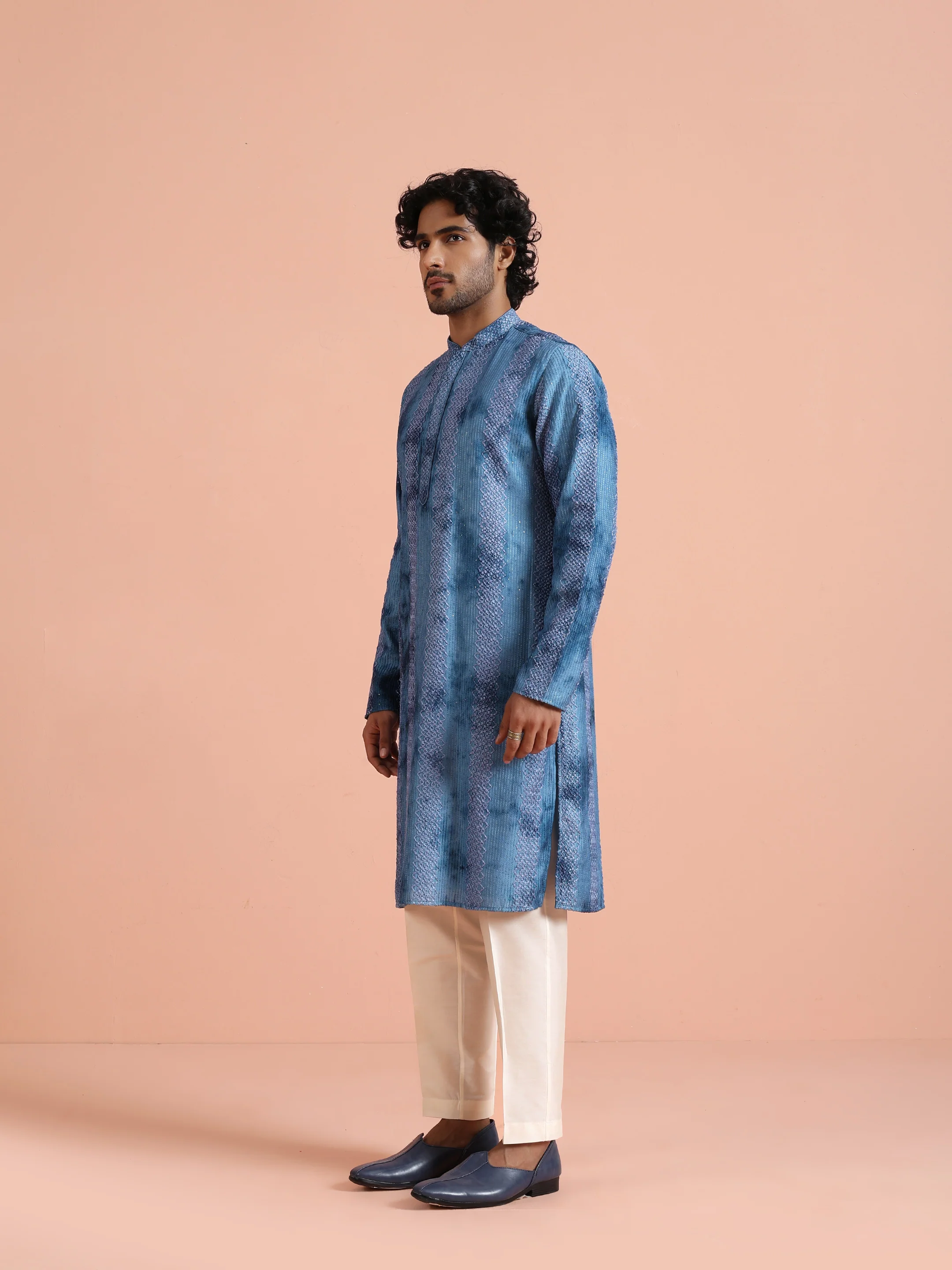 Blue Chanderi Embroidered Kurta Trouser Set - Image 2