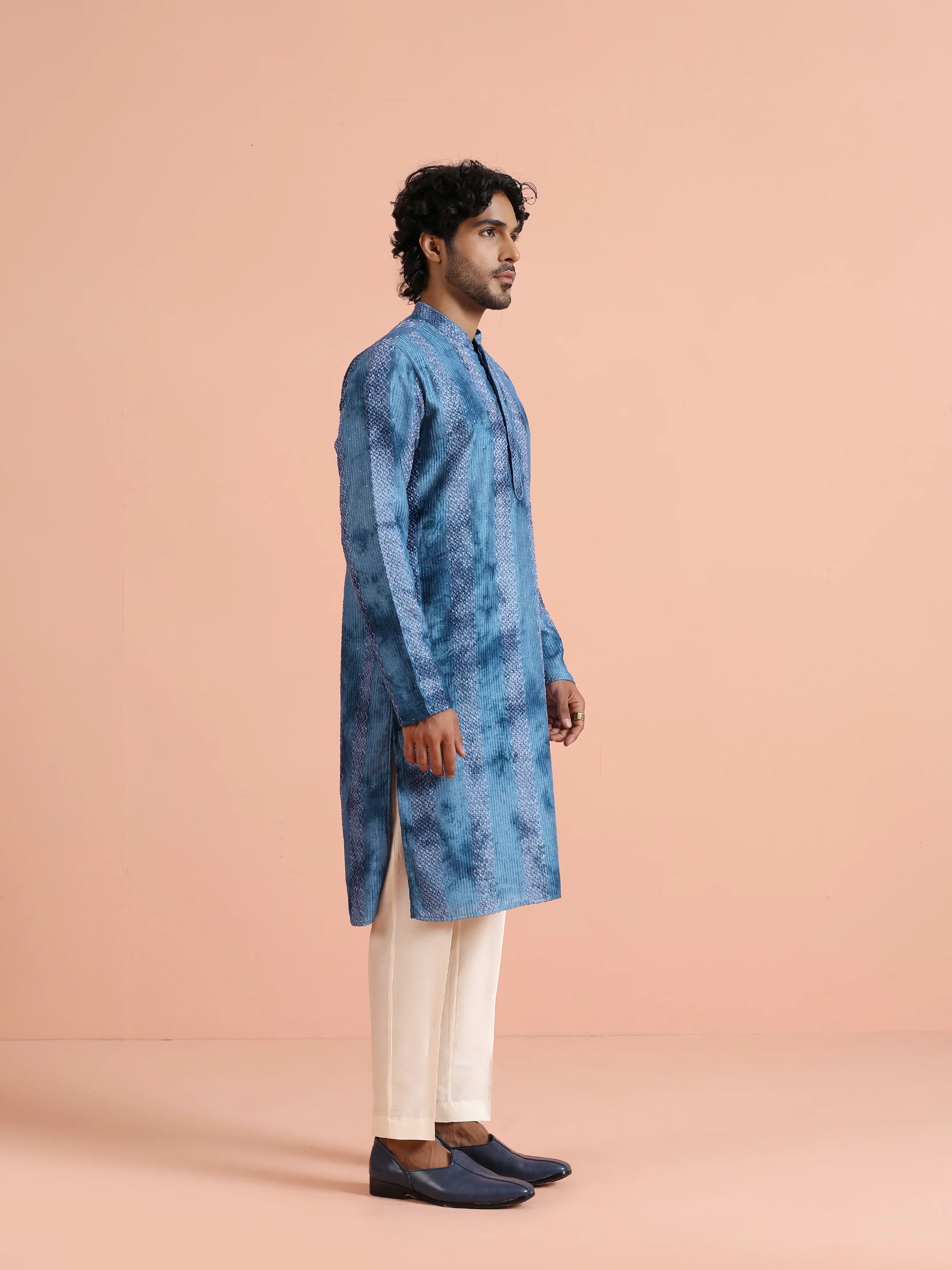 Blue Chanderi Embroidered Kurta Trouser Set - Image 3
