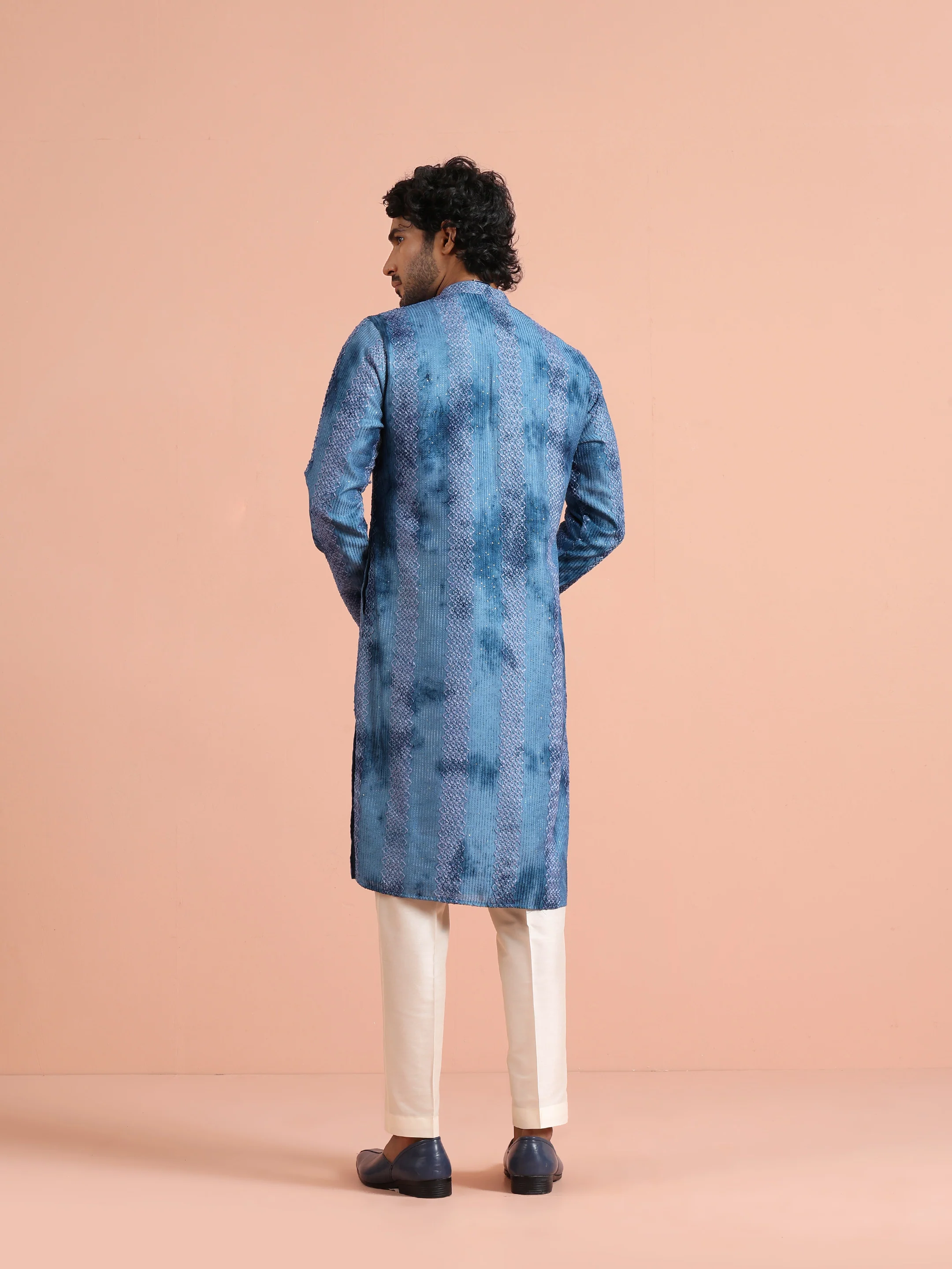 Blue Chanderi Embroidered Kurta Trouser Set - Image 4