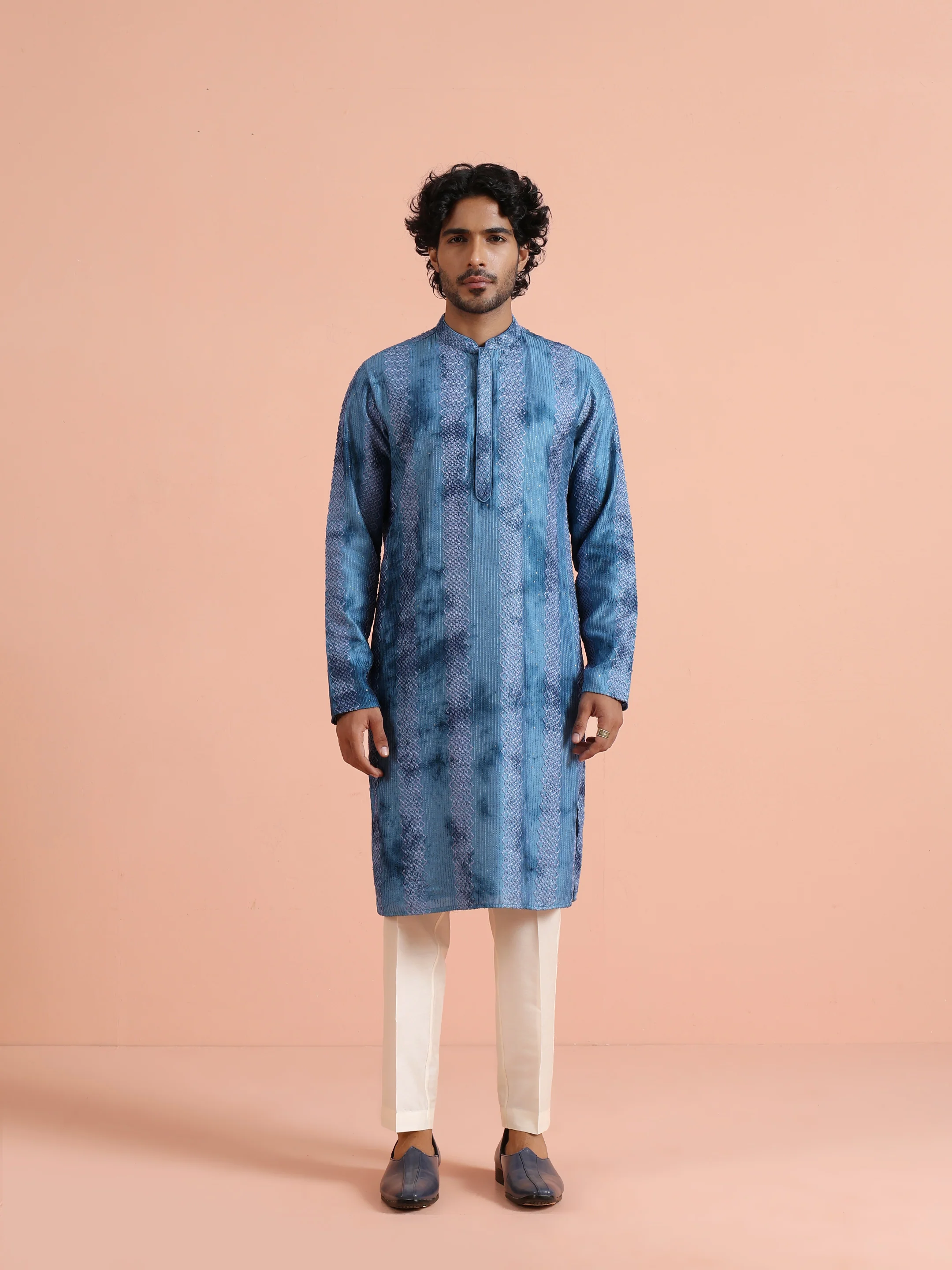 Blue Chanderi Embroidered Kurta Trouser Set - Image 8