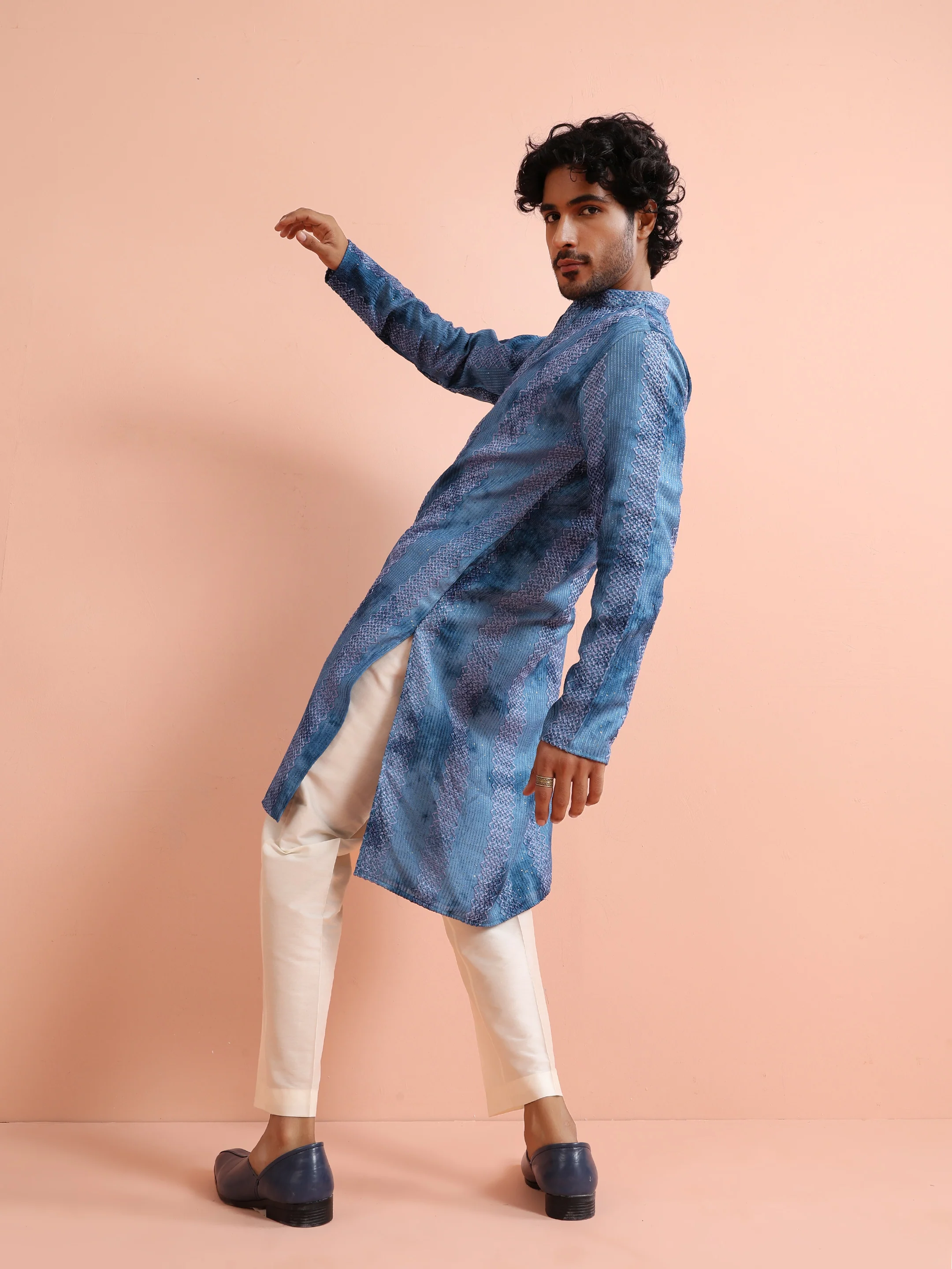 Blue Chanderi Embroidered Kurta Trouser Set - Image 9