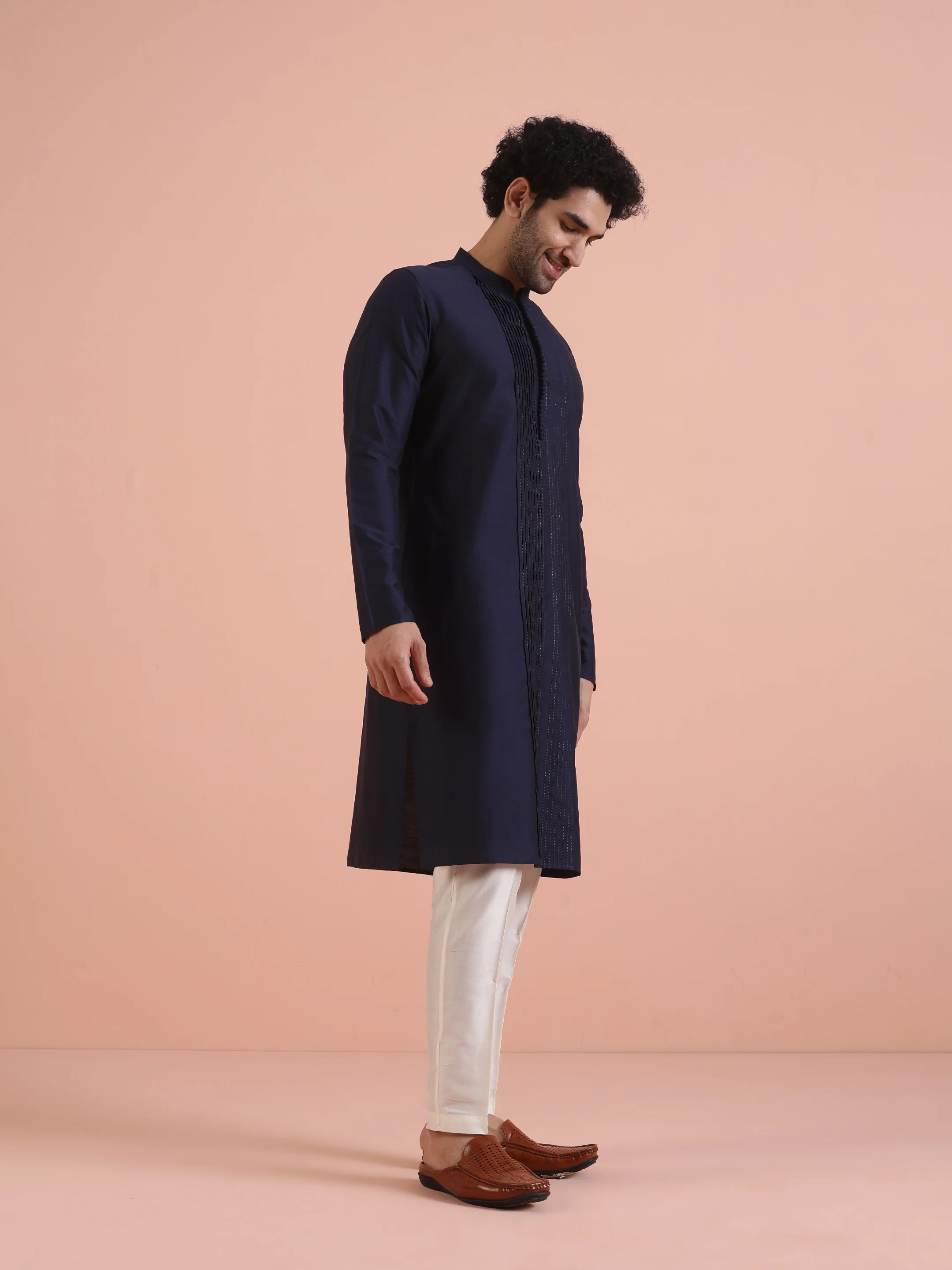 Blue Cotton Blend Pleated Kurta Trouser Set - Image 2