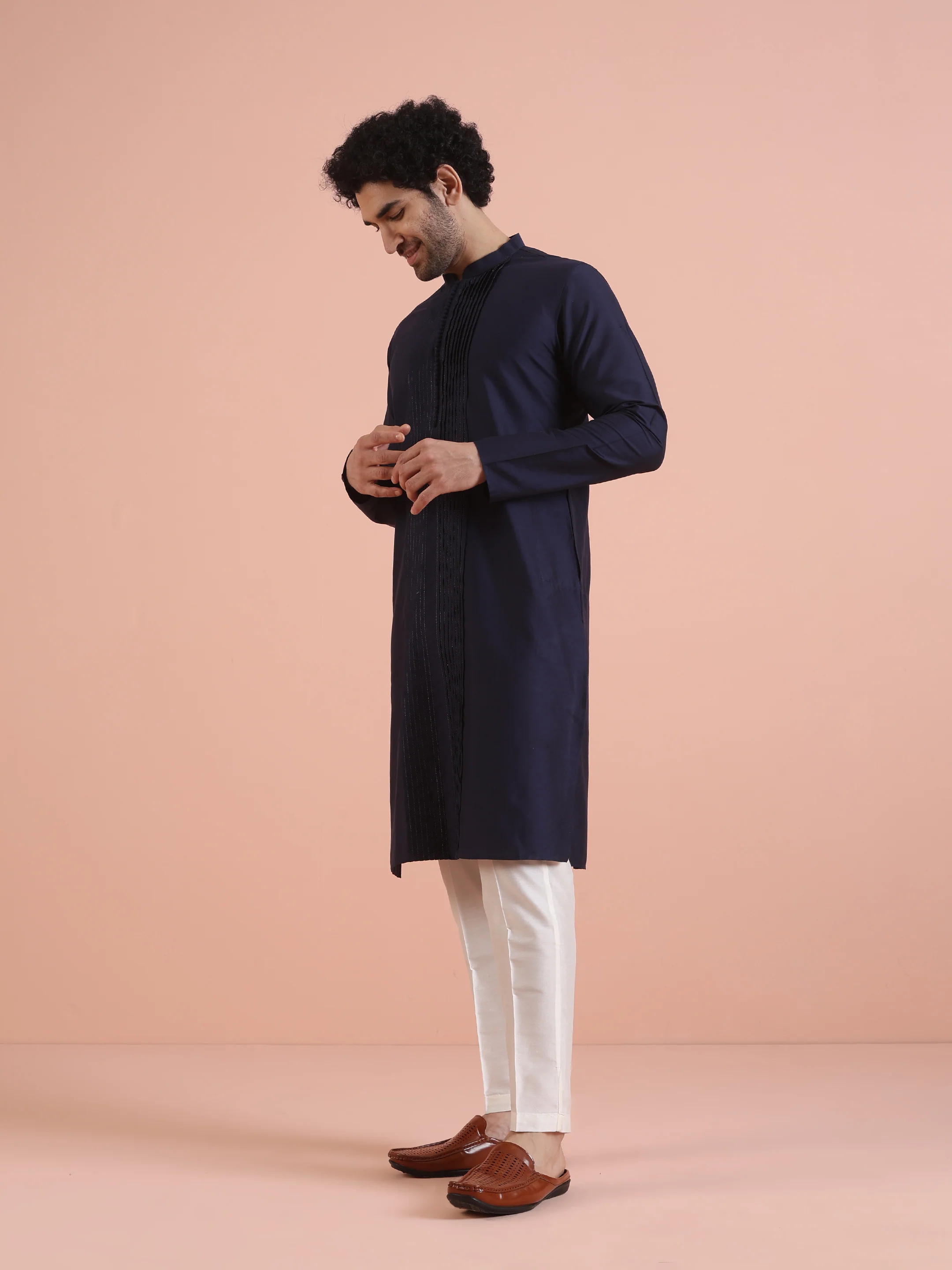 Blue Cotton Blend Pleated Kurta Trouser Set - Image 3