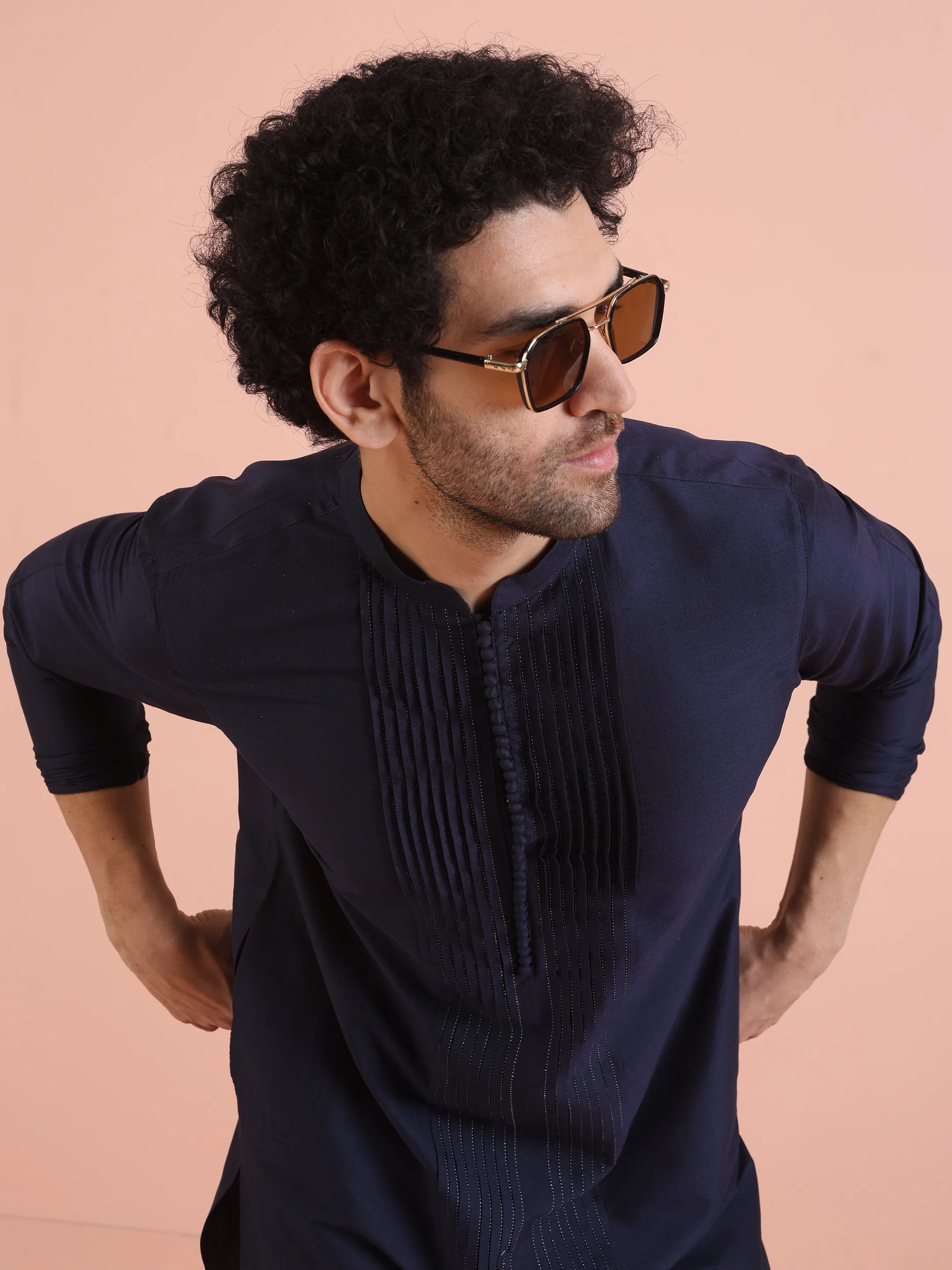 Blue Cotton Blend Pleated Long Kurta - Image 6