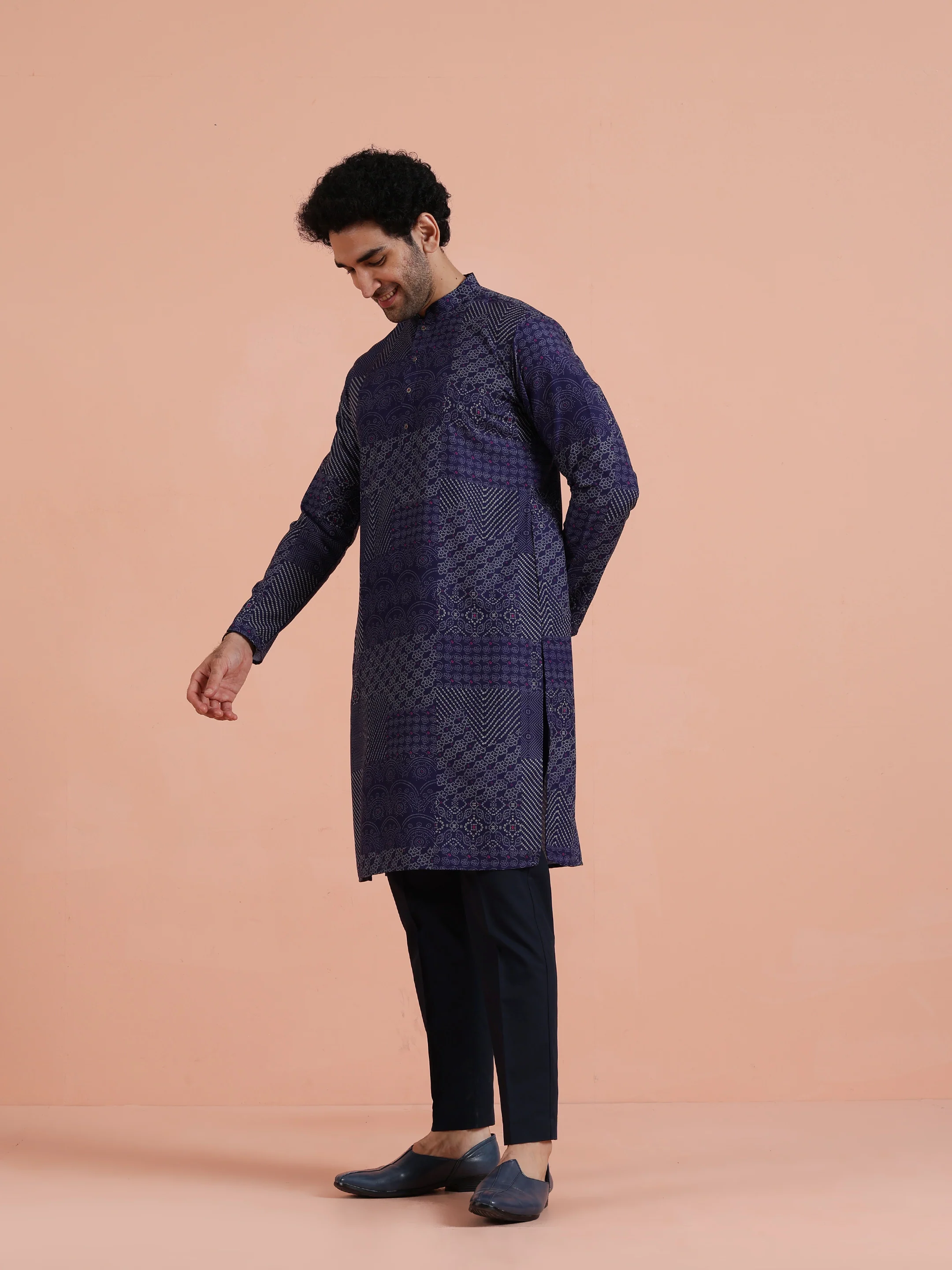 Navy Blue Art Silk Printed Long Kurta - Image 2