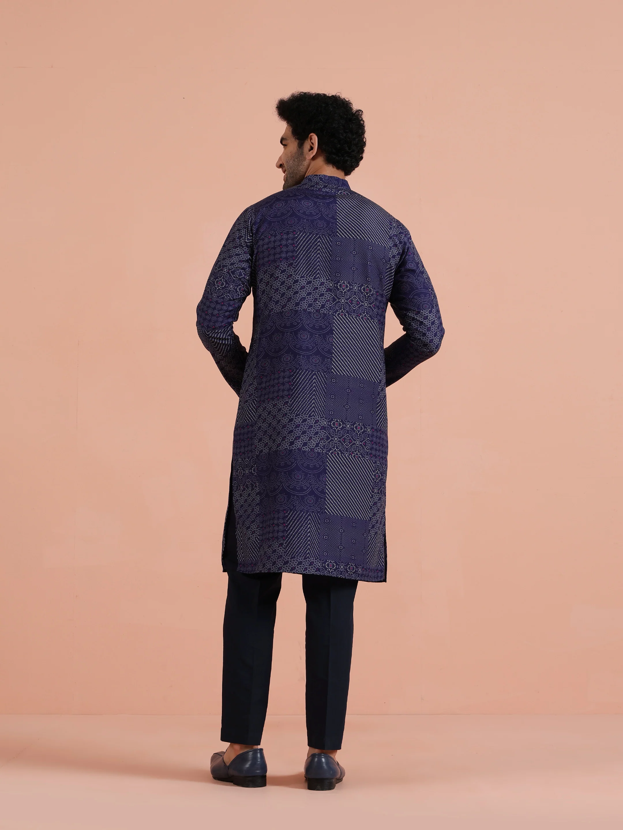 Navy Blue Art Silk Printed Long Kurta - Image 4