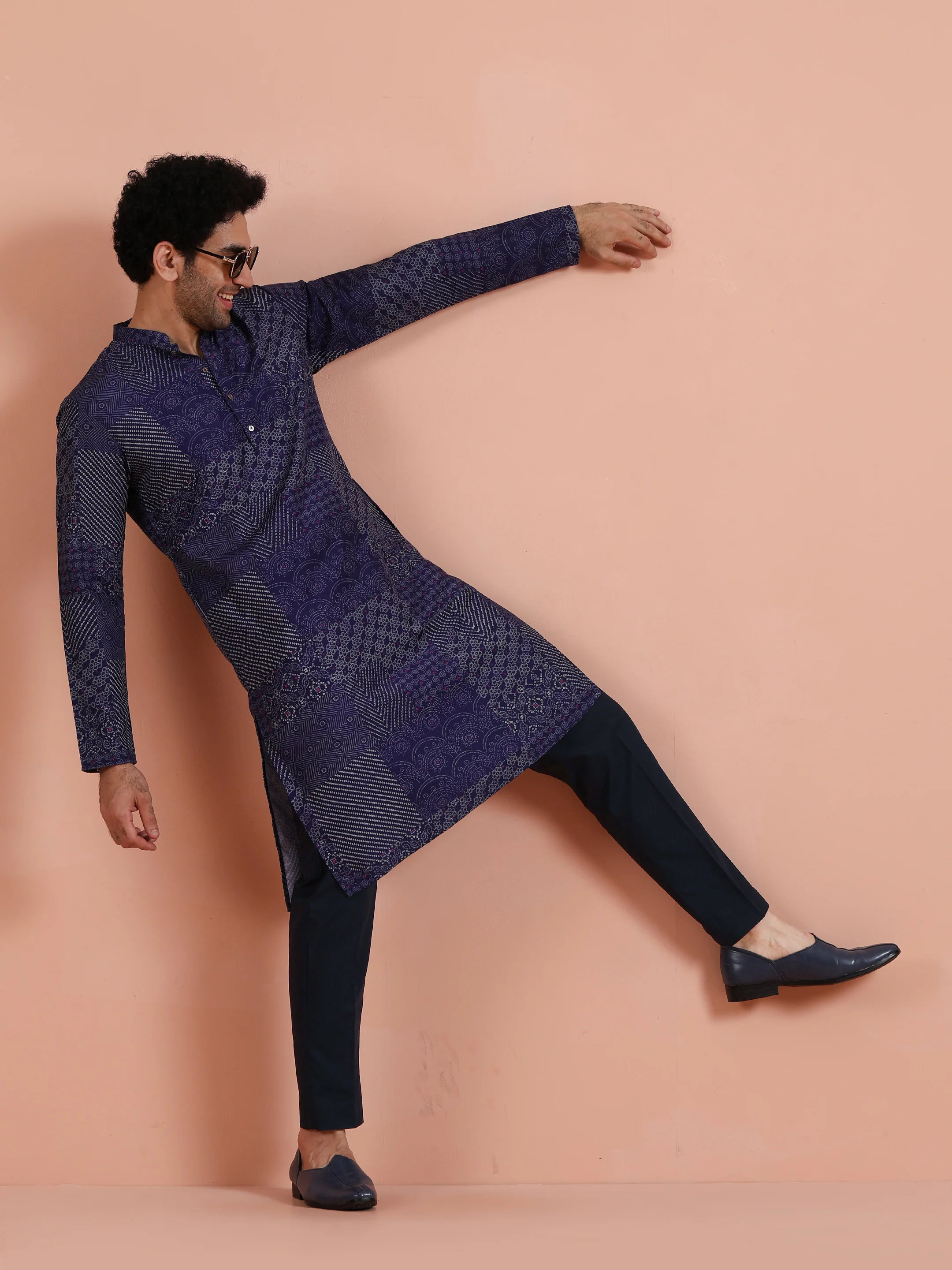 Navy Blue Art Silk Printed Long Kurta - Image 6