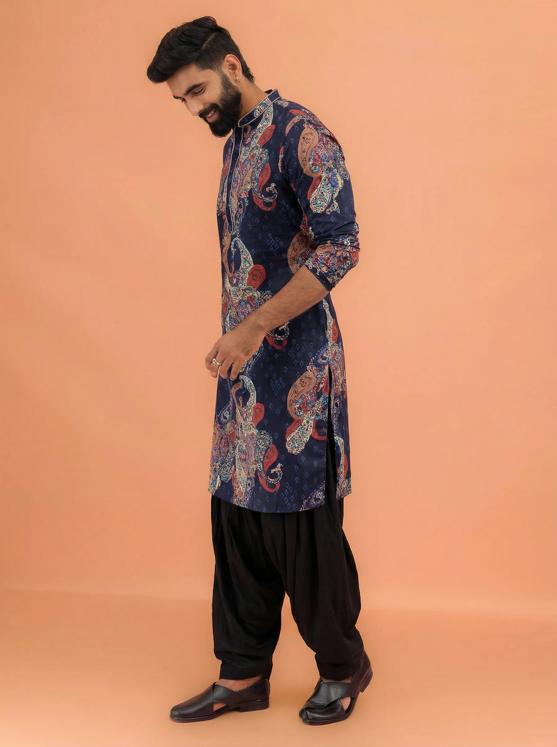 Blue Cotton Blend Printed Kurta Patiyala Set - Image 3