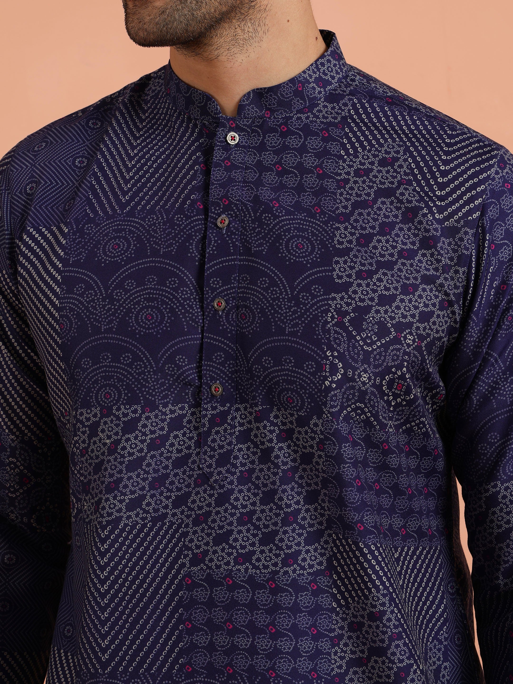 Navy Blue Silk Printed Patchwork Kurta Trouser Set - Image 5