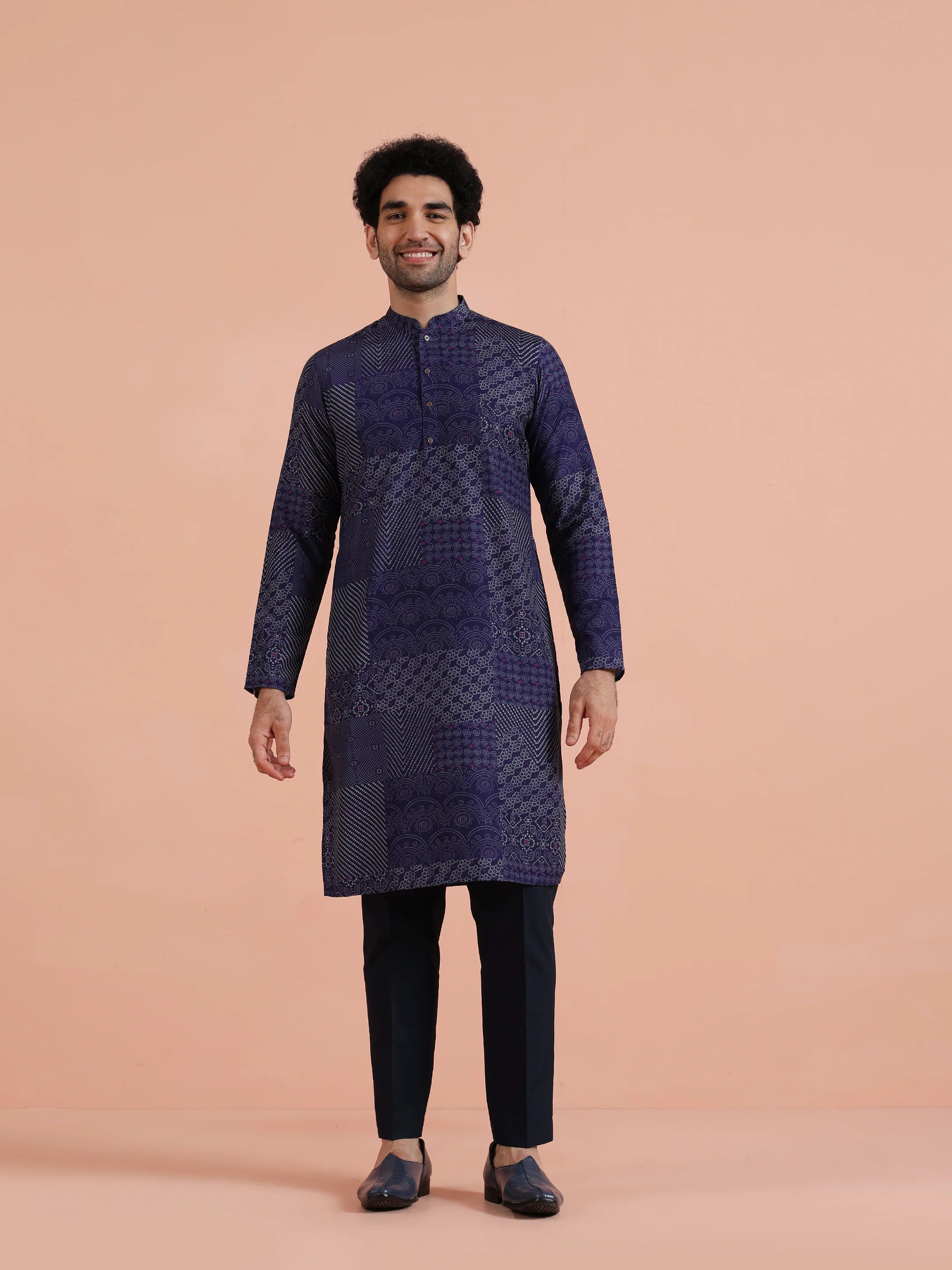 Navy Blue Silk Printed Patchwork Kurta Trouser Set - Image 7