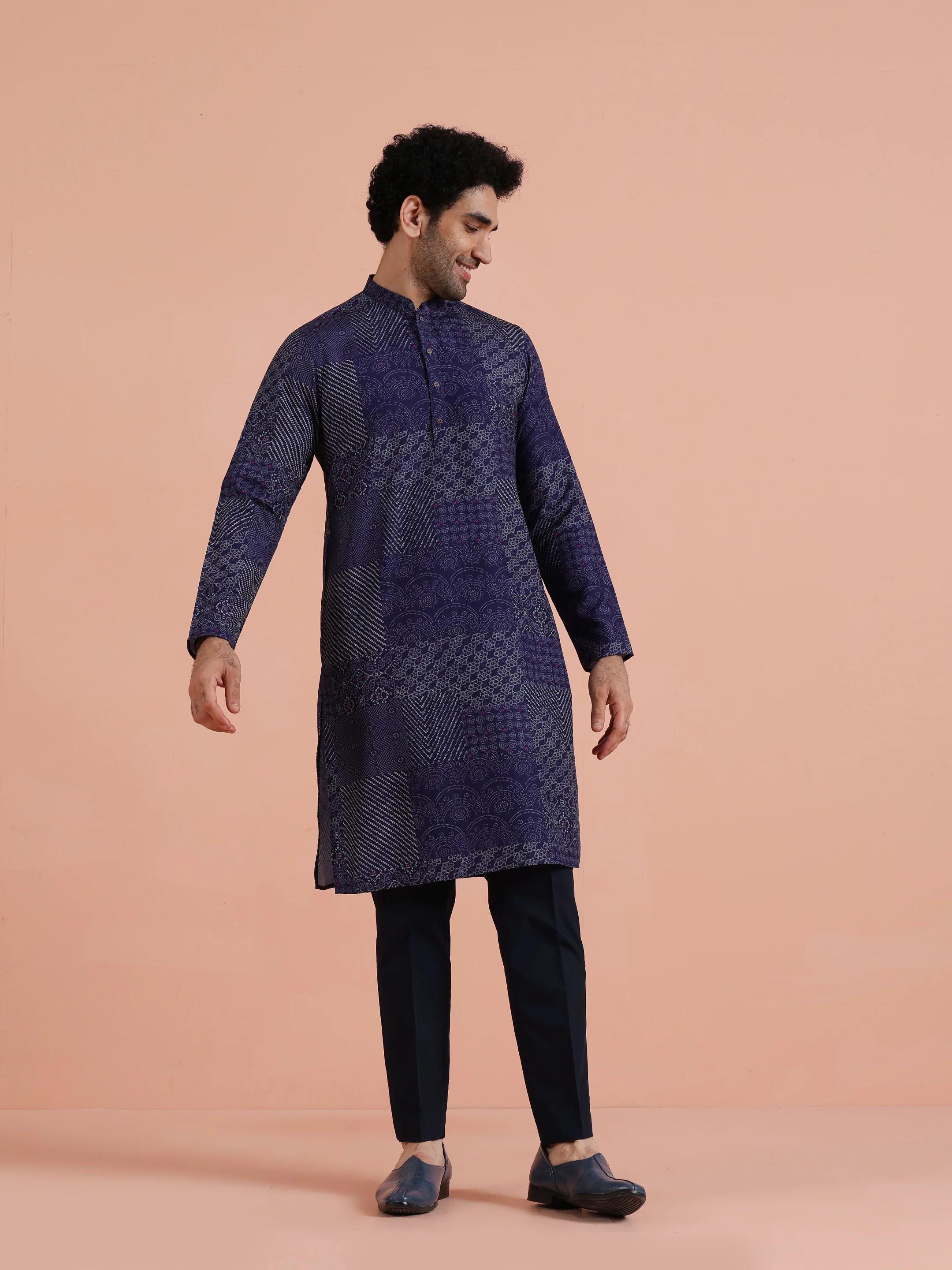 Navy Blue Silk Printed Patchwork Kurta Trouser Set - Image 8