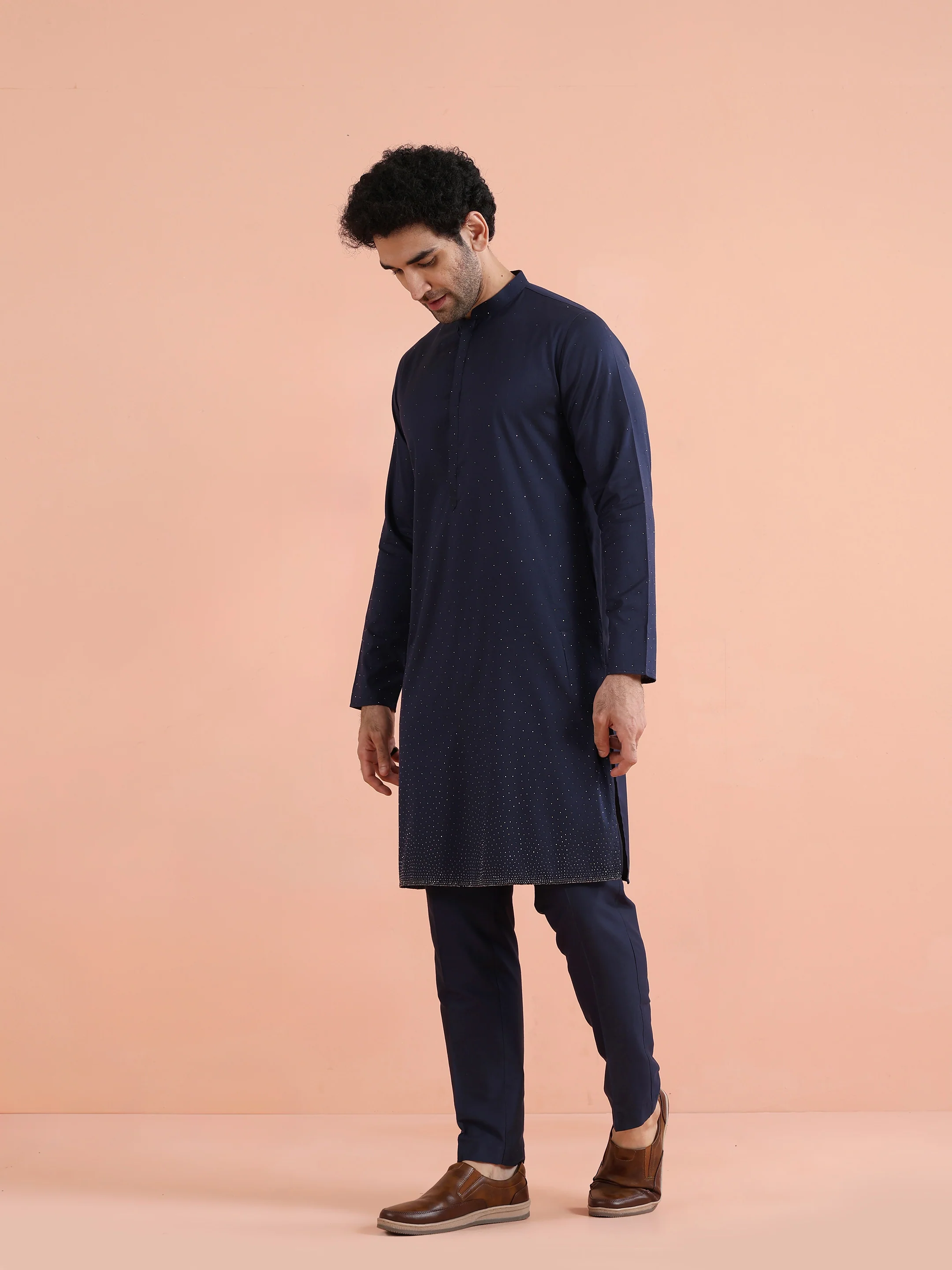 Blue Cotton Embellished Kurta Trouser Set - Image 3