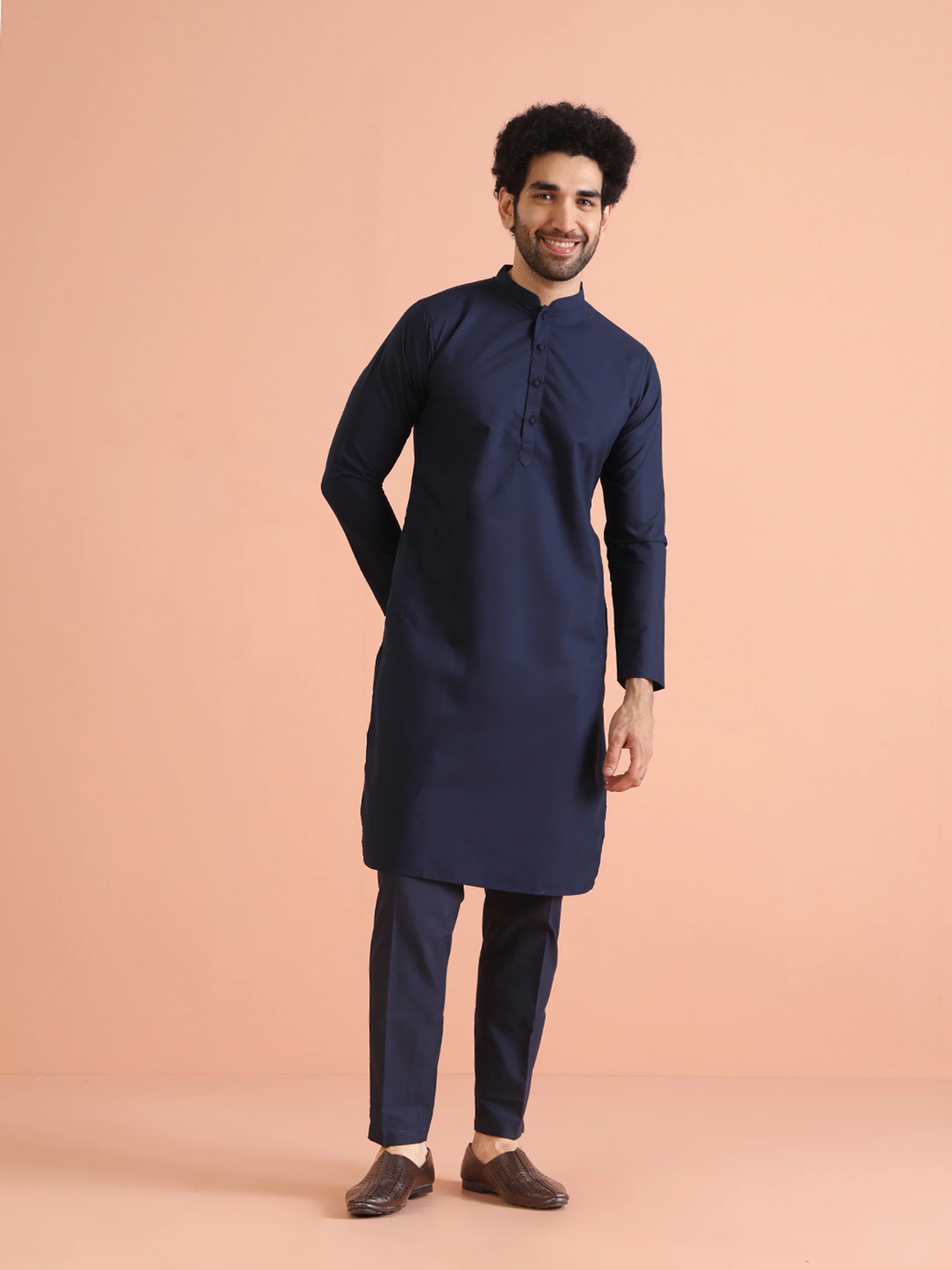 Blue Cotton Embroidered Kurta Front Open Jacket Trouser Set - Image 6