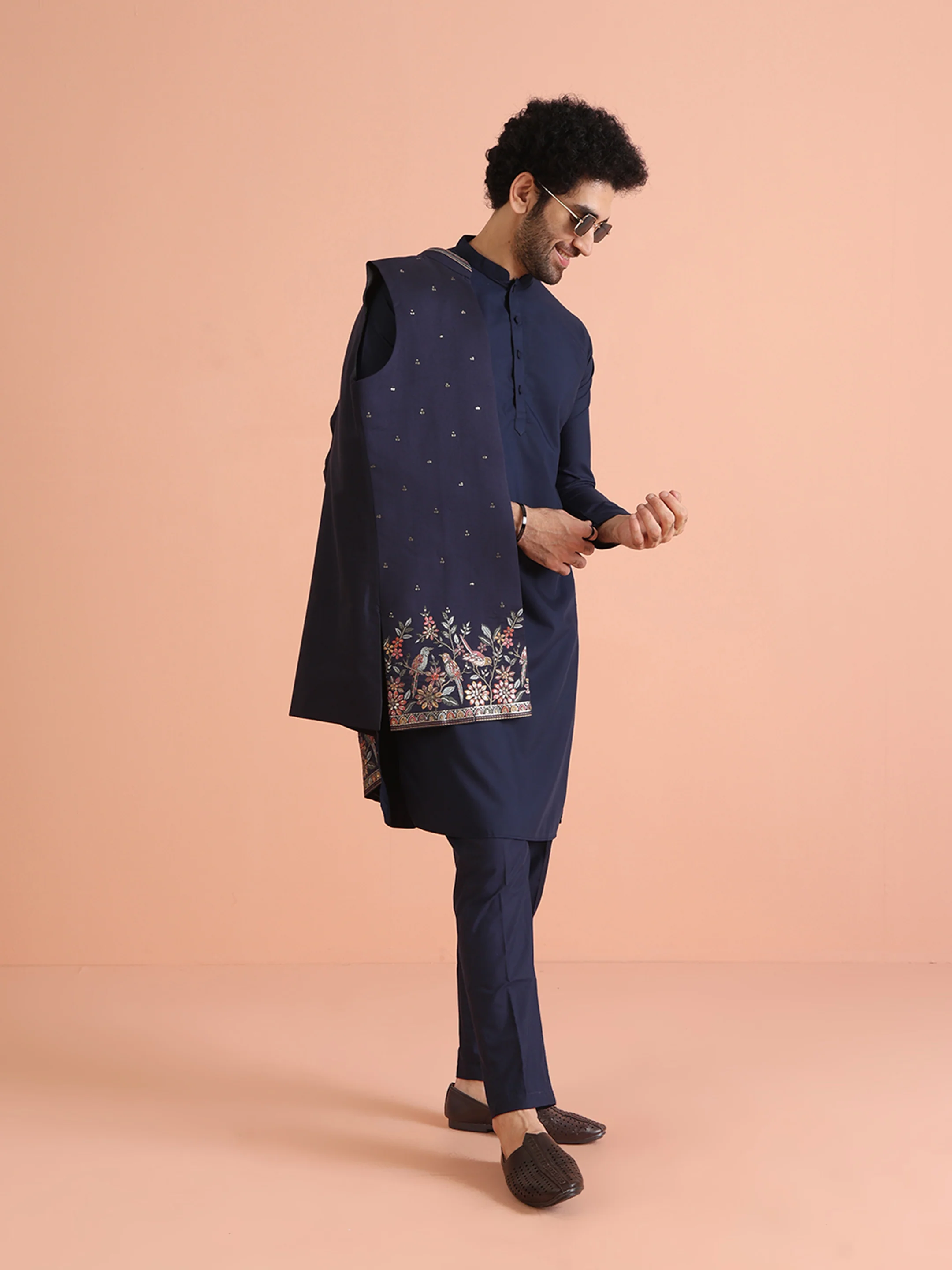 Blue Cotton Embroidered Kurta Front Open Jacket Trouser Set - Image 8