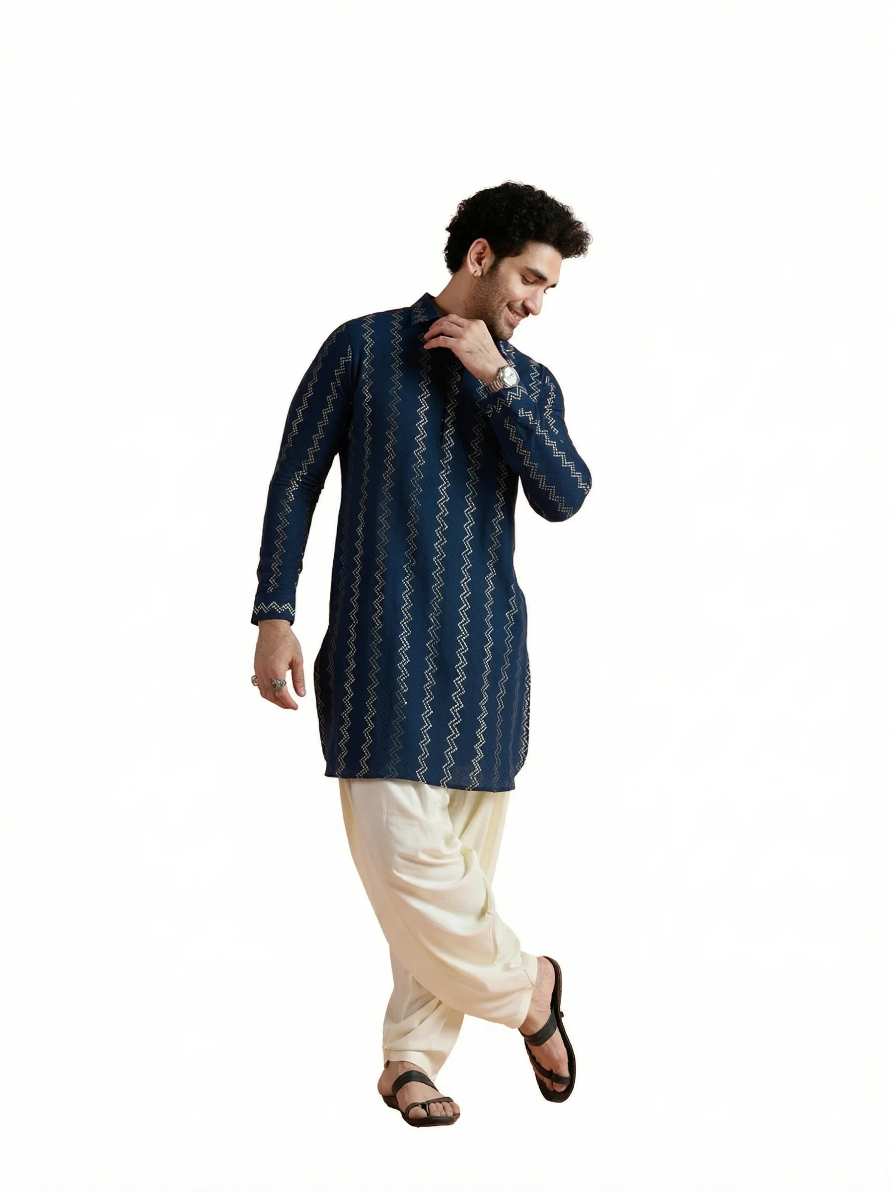 Blue Cotton Jacquard Pathani Kurta Patiyala Set - Image 12
