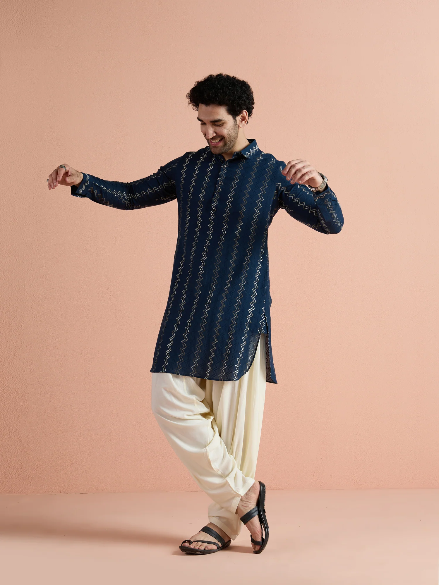 Blue Cotton Jacquard Pathani Kurta Patiyala Set - Image 2