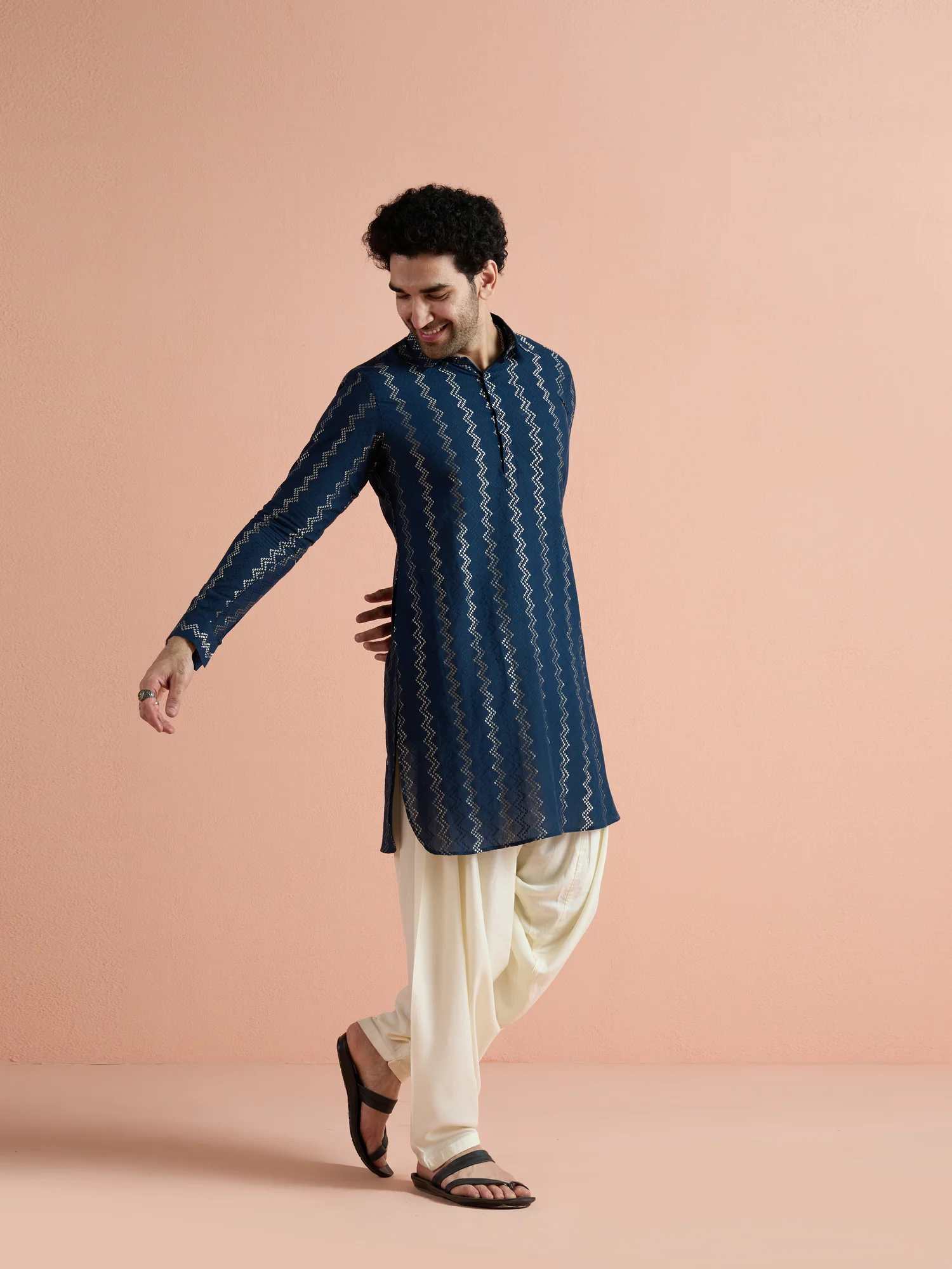 Blue Cotton Jacquard Pathani Kurta Patiyala Set - Image 3
