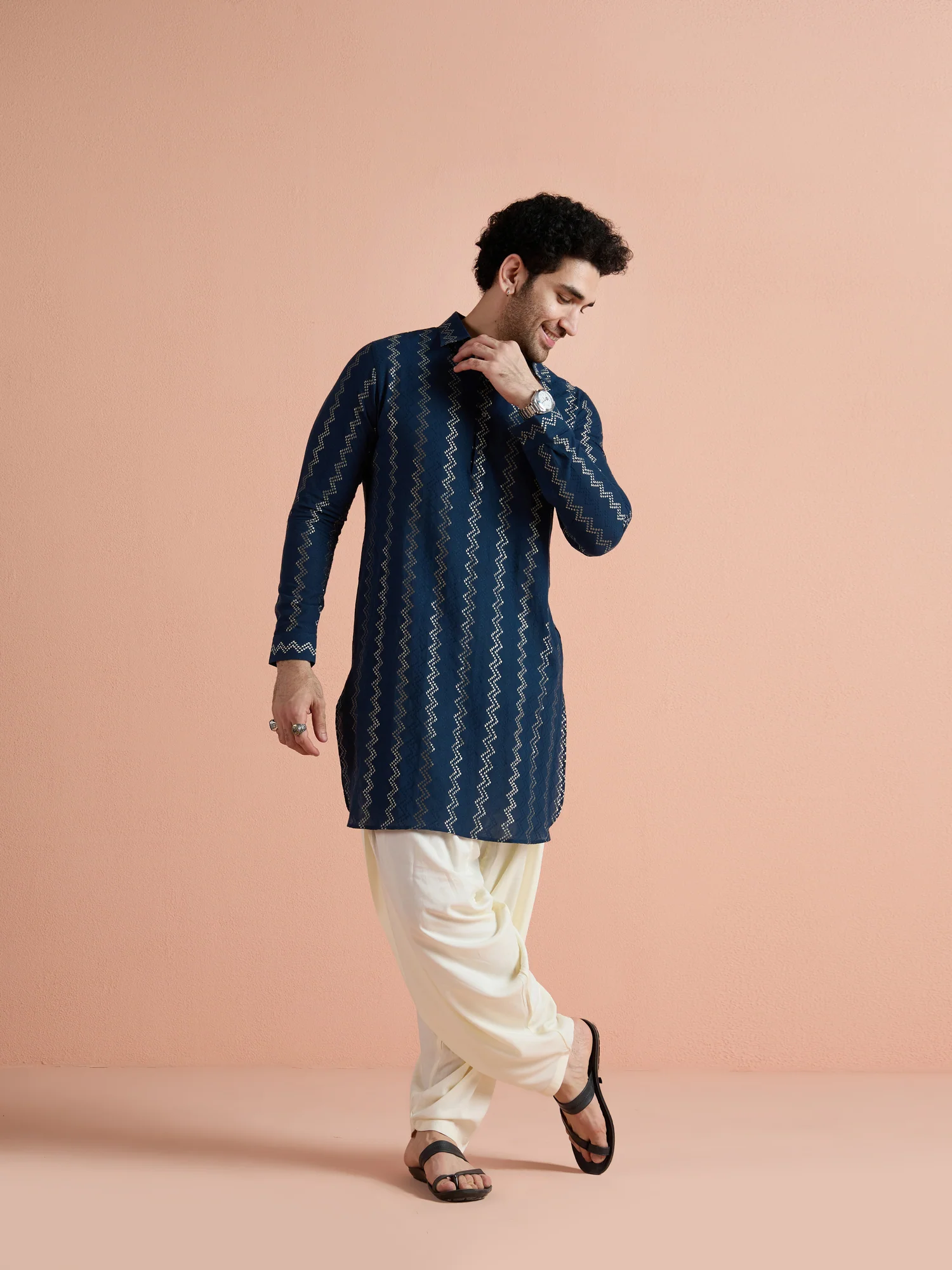 Blue Cotton Jacquard Pathani Kurta Patiyala Set - Image 4
