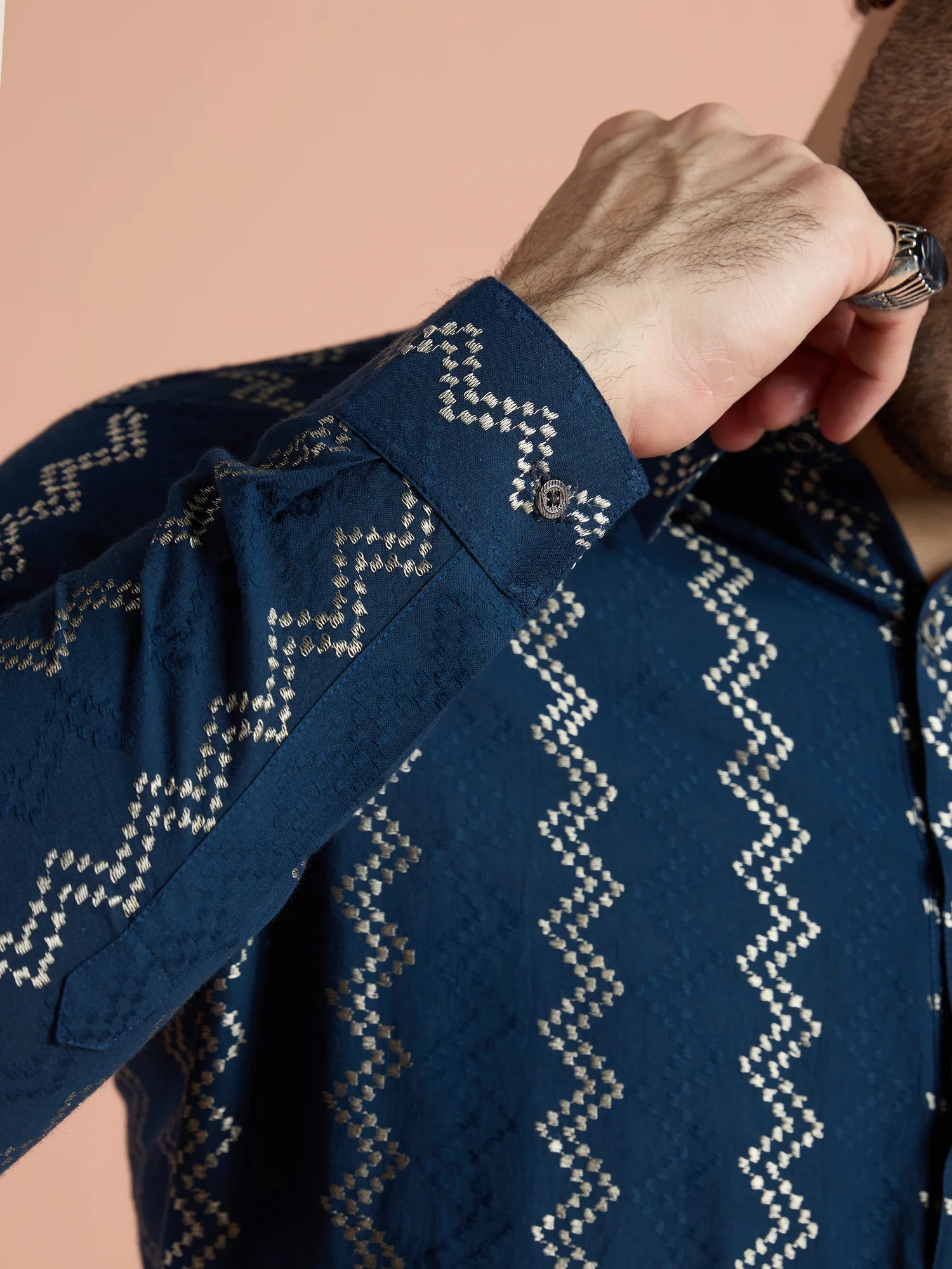 Blue Cotton Jacquard Pathani Kurta Patiyala Set - Image 7
