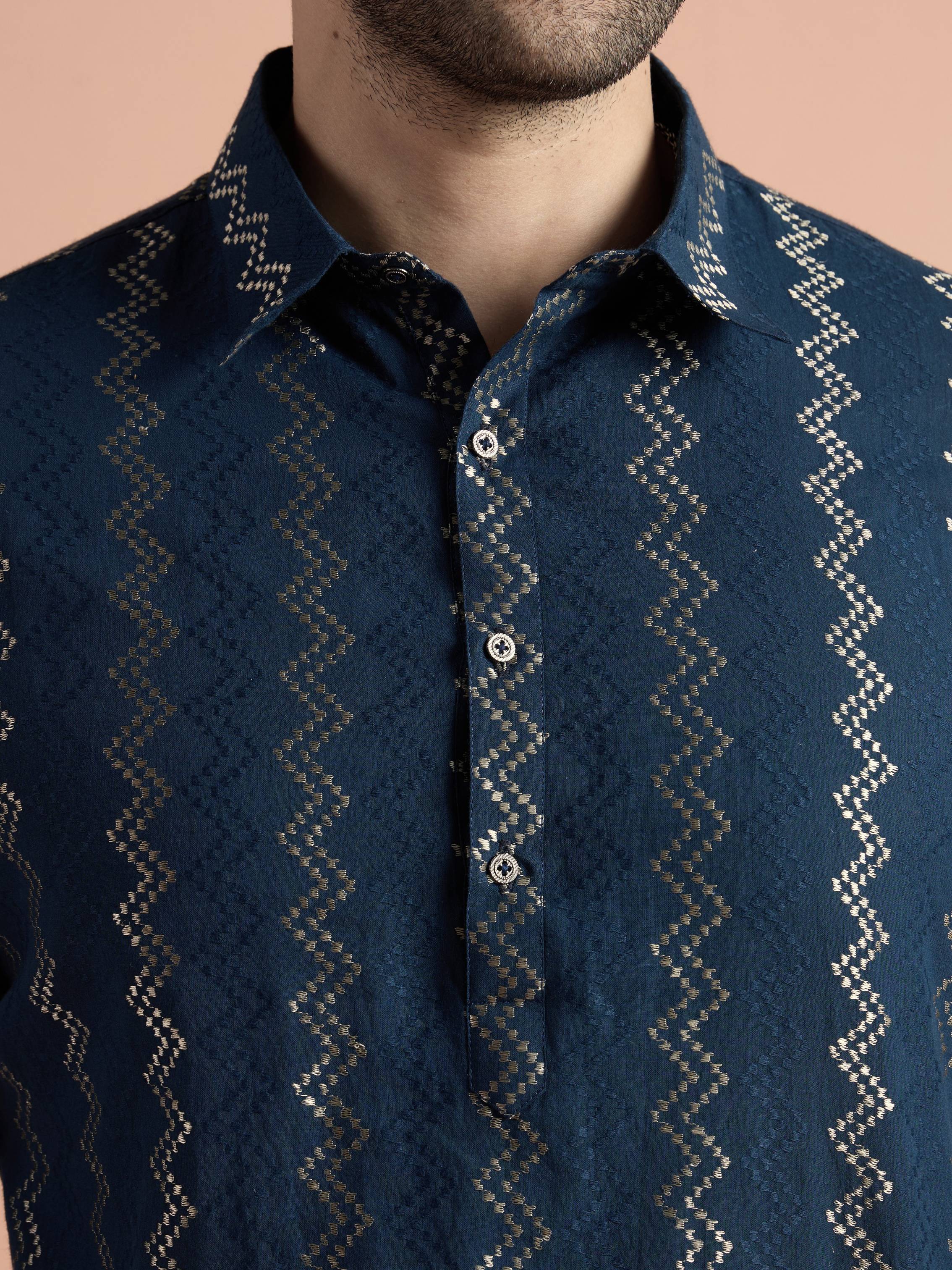 Blue Cotton Jacquard Pathani Kurta Patiyala Set - Image 9