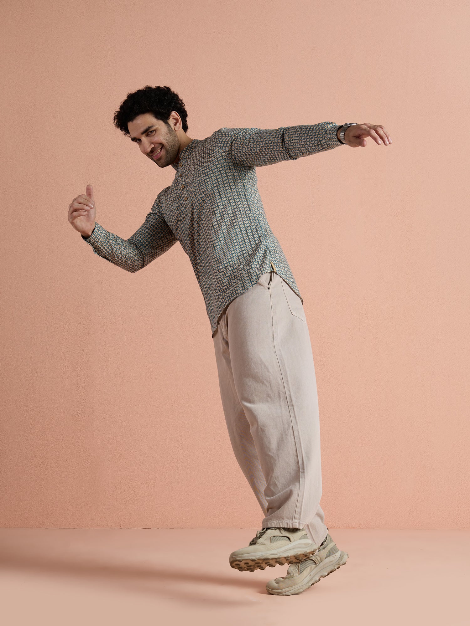 Blue Cotton Printed Short Kurta - Image 3