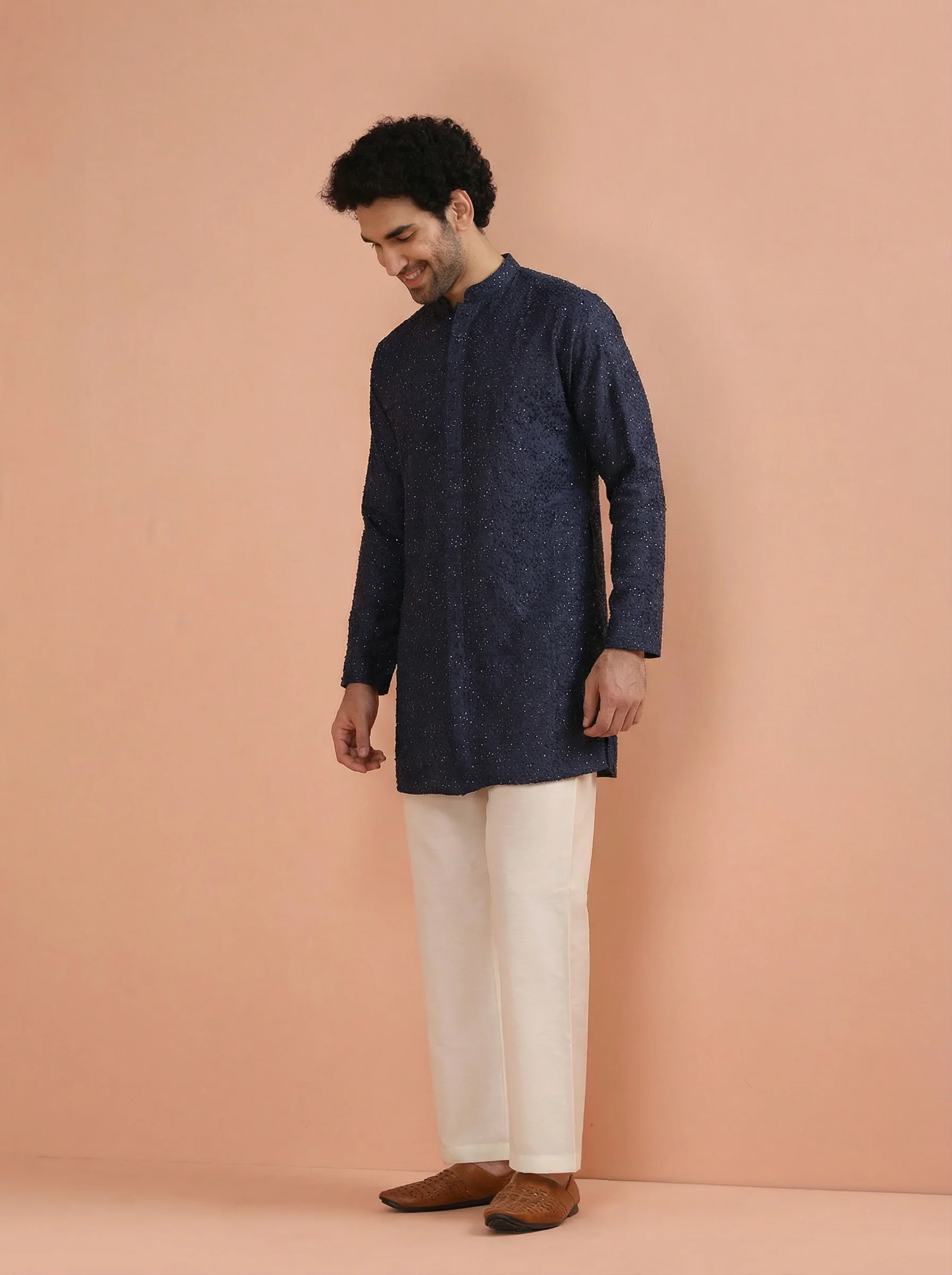 Blue Denim Embellished Front Open Mid Kurta Wide Leg Pant Set - Image 3