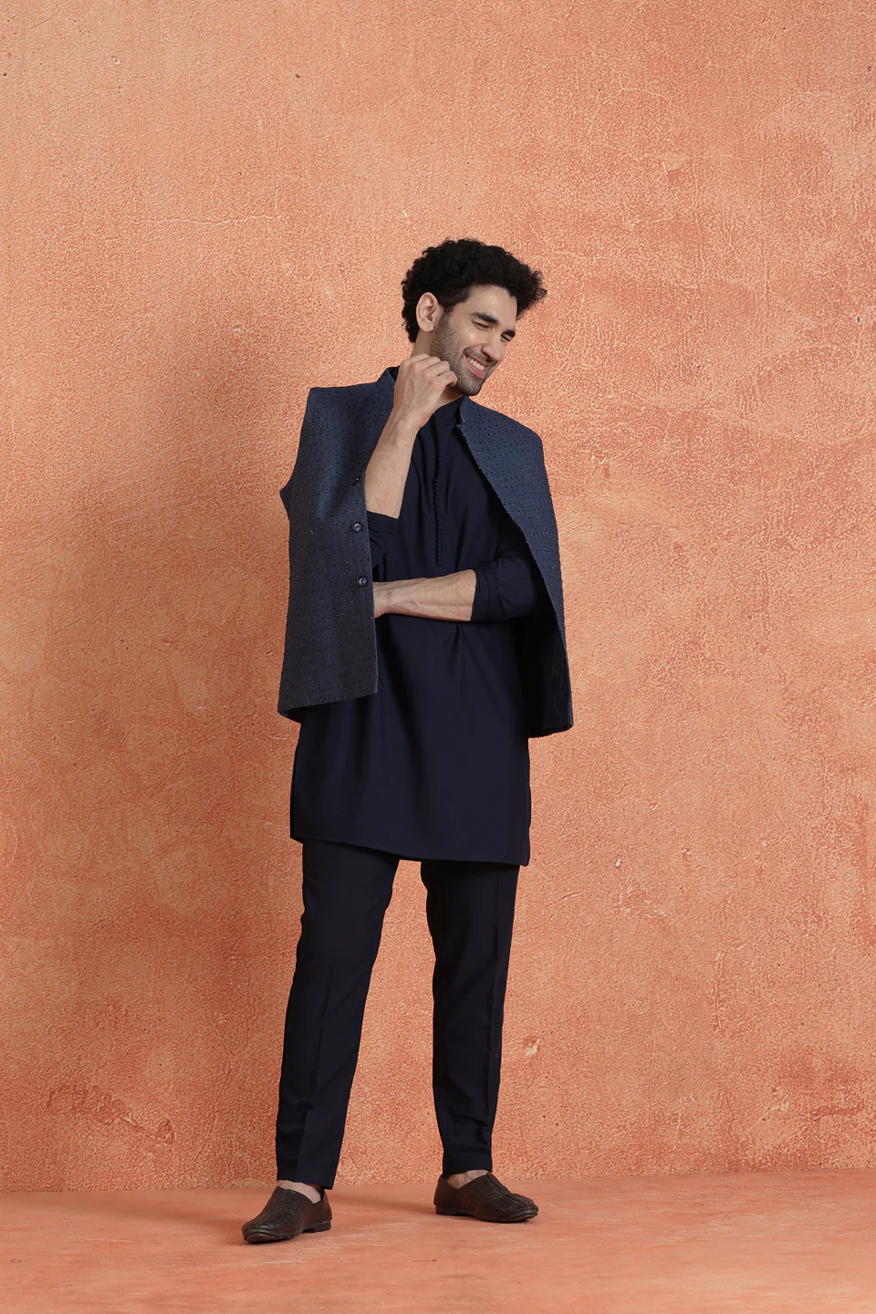 Blue Denim Embellished Mid Kurta Jacket Trouser Set - Image 3