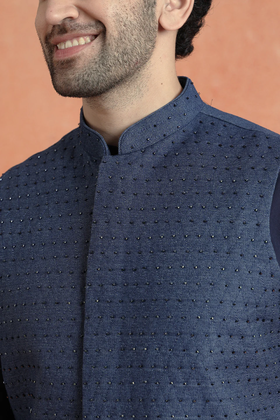 Blue Denim Embellished Mid Kurta Jacket Trouser Set - Image 5