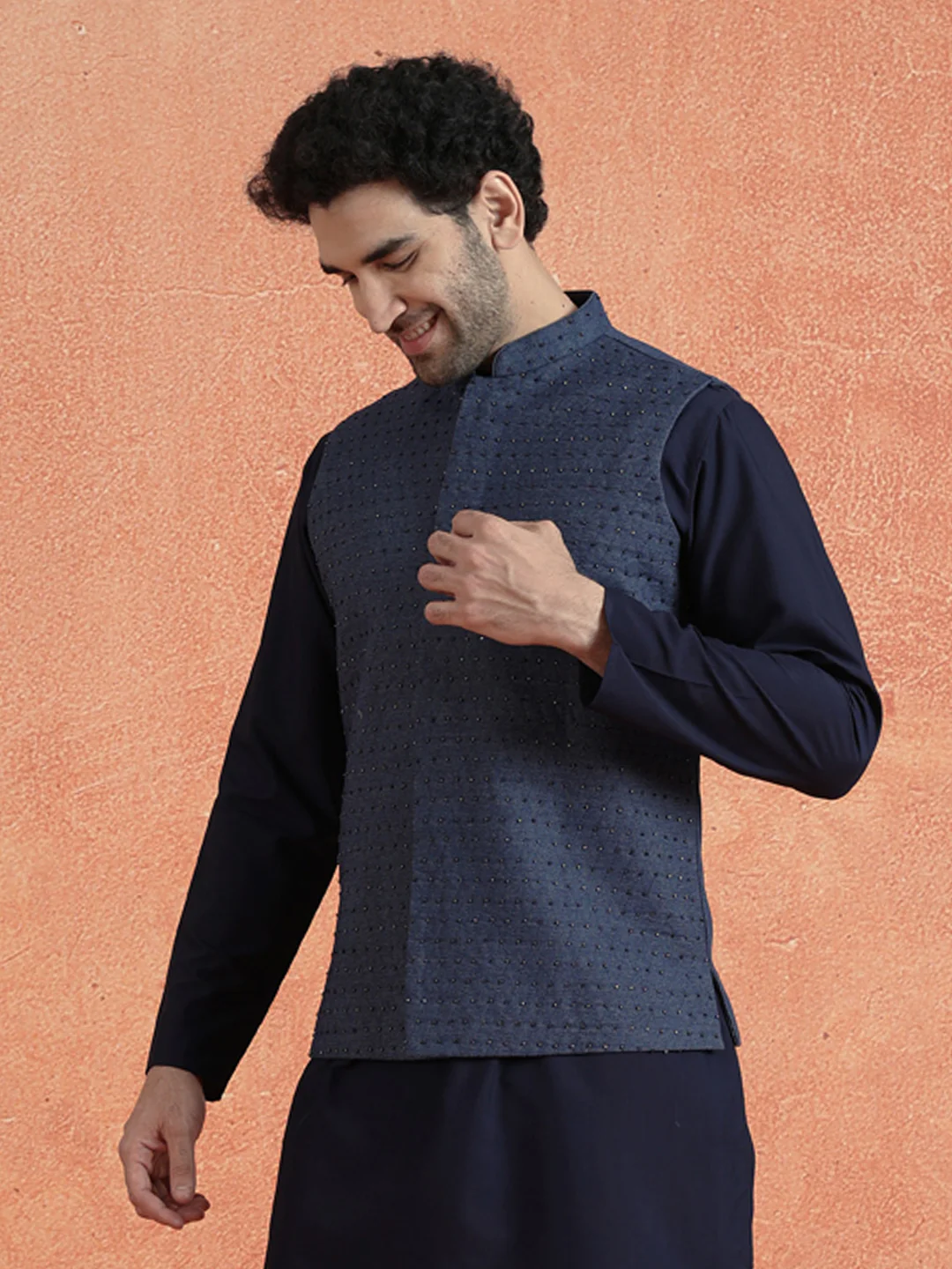Blue Denim Embellished Mid Kurta Jacket Trouser Set - Image 9