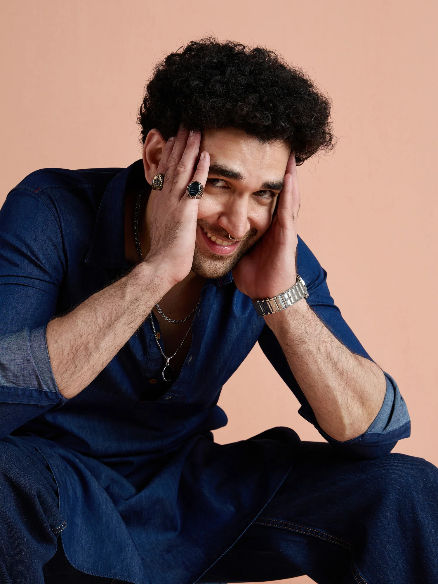 Blue Denim Solid Pathani Kurta - Image 10