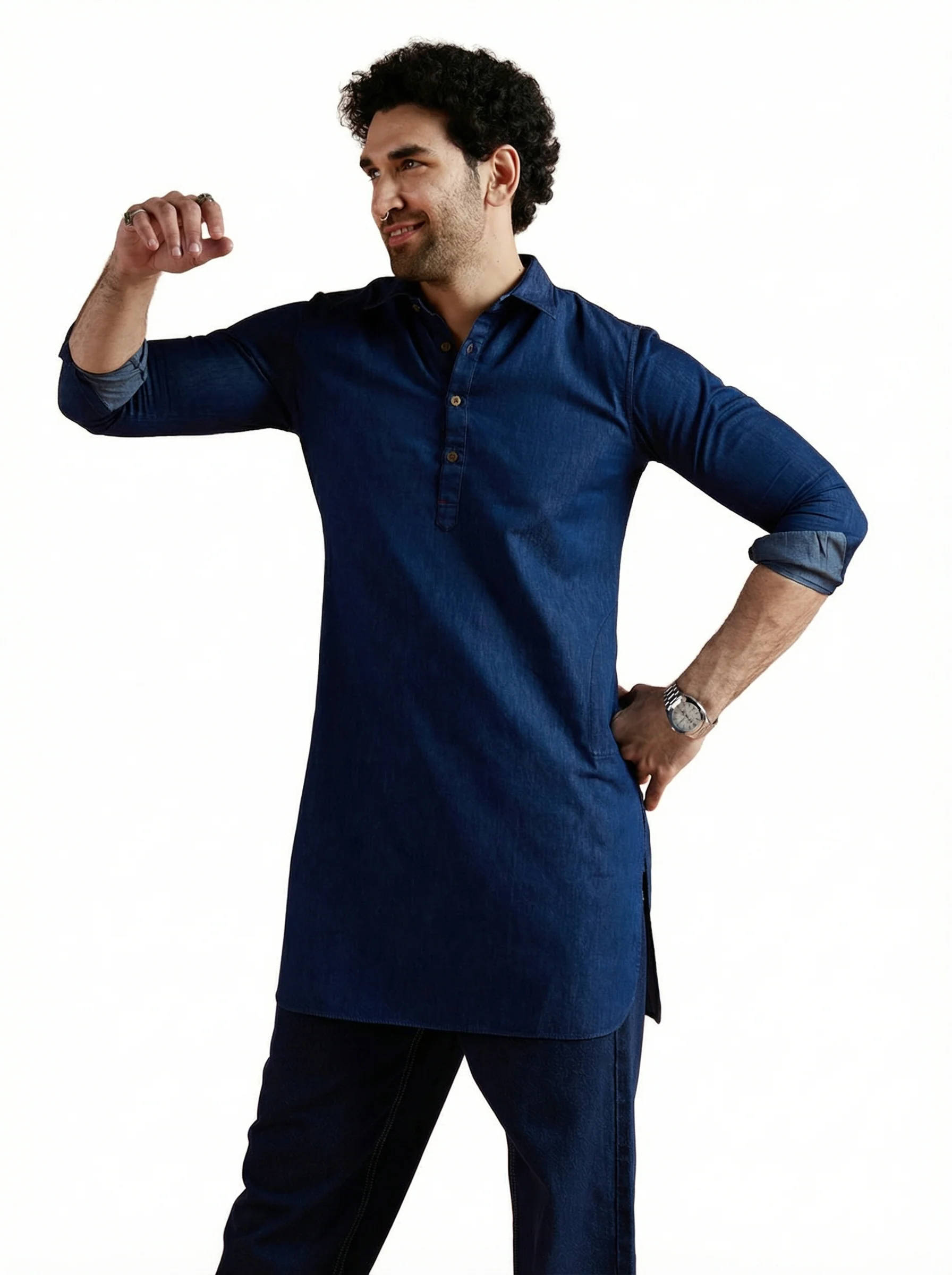Blue Denim Solid Pathani Kurta - Image 11