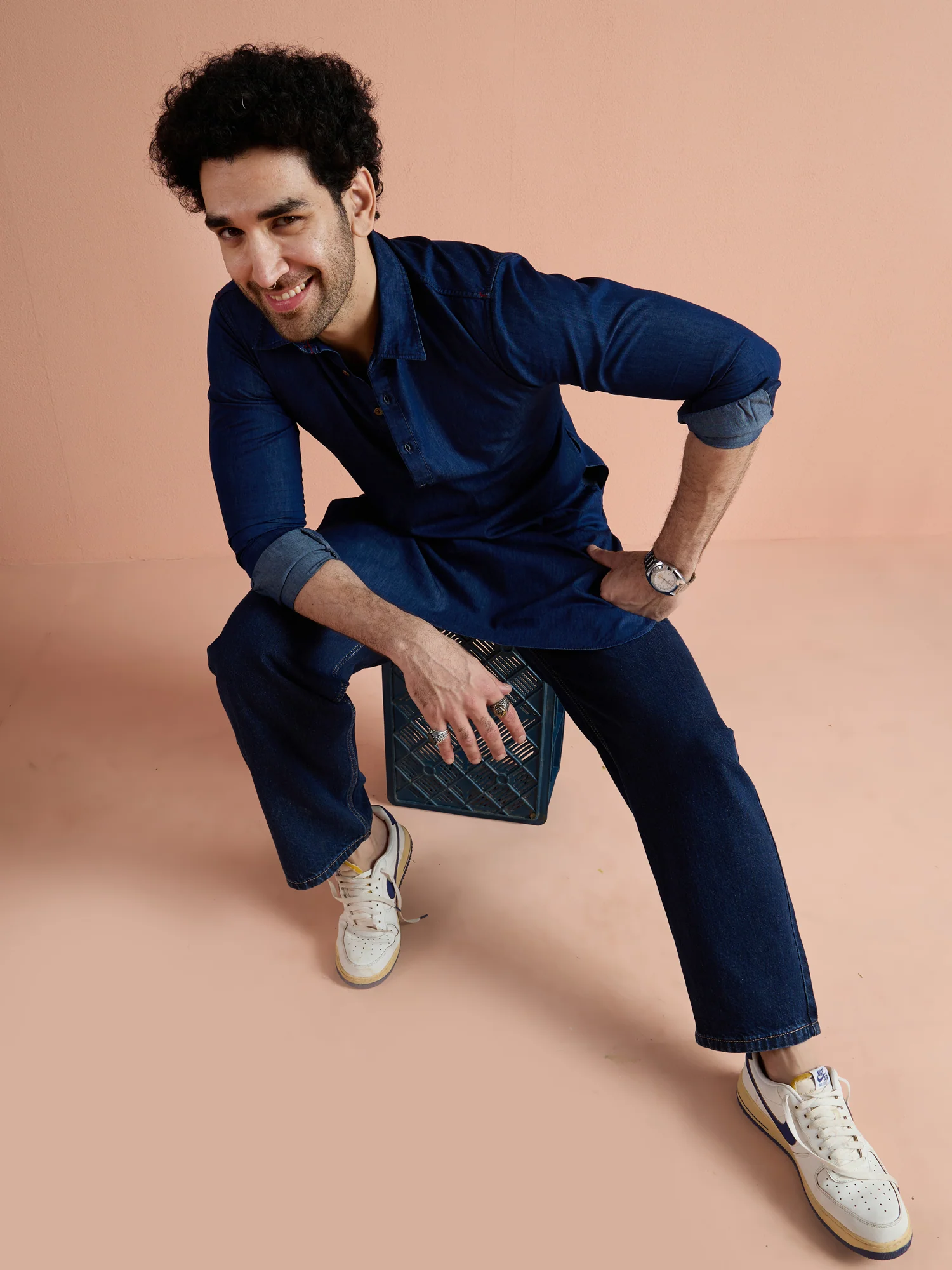Blue Denim Solid Pathani Kurta - Image 2