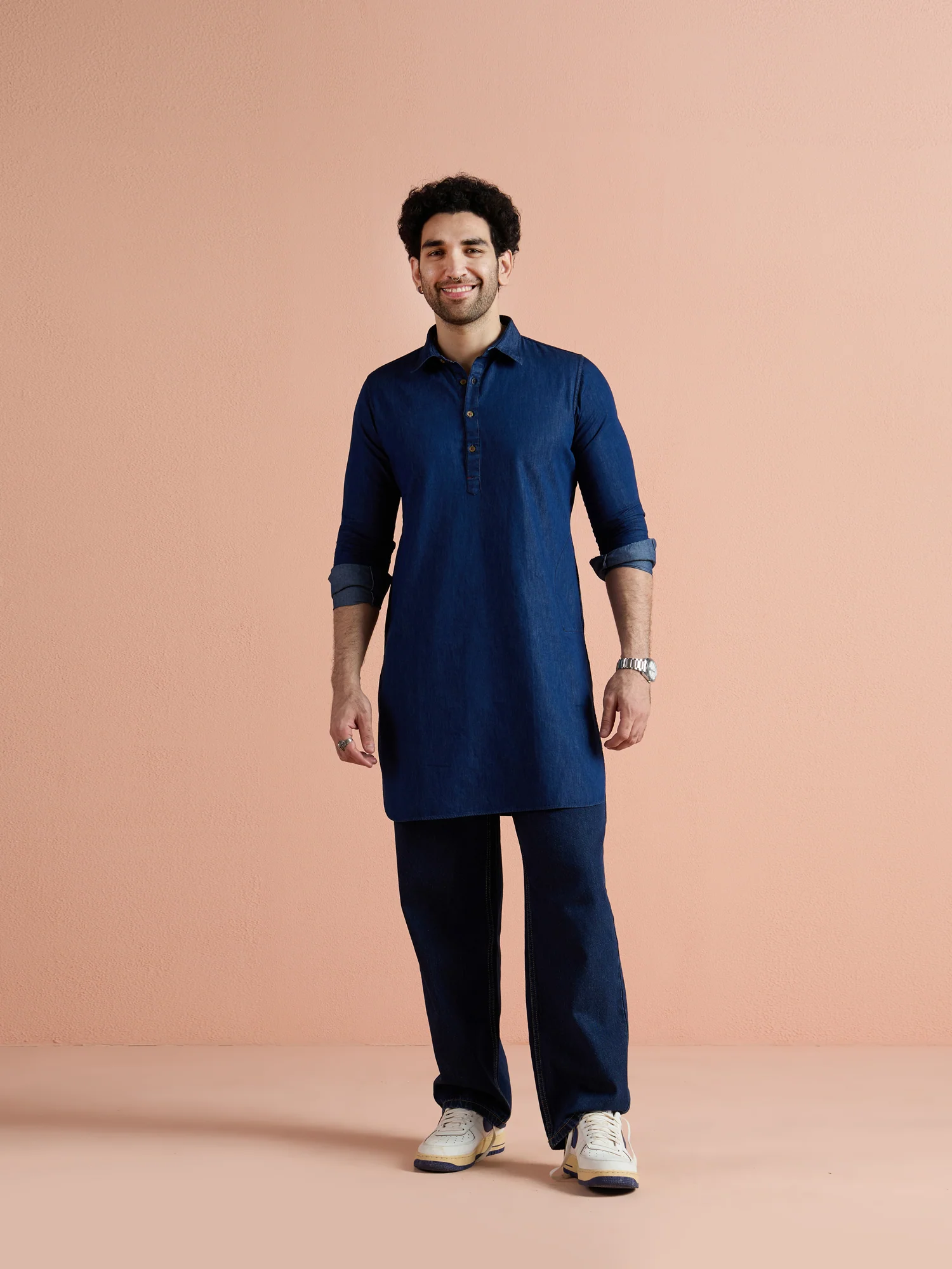 Blue Denim Solid Pathani Kurta - Image 4