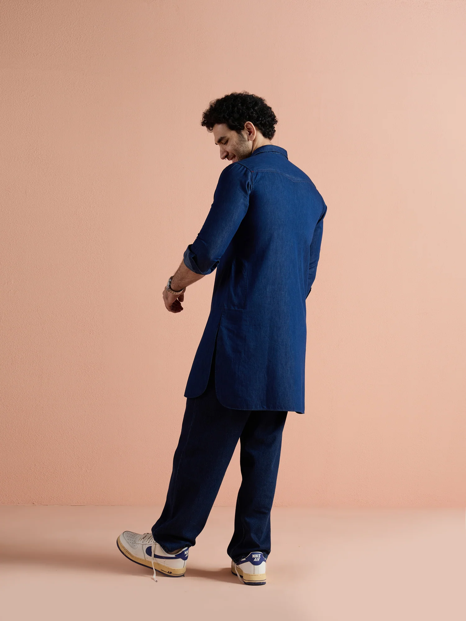 Blue Denim Solid Pathani Kurta - Image 5