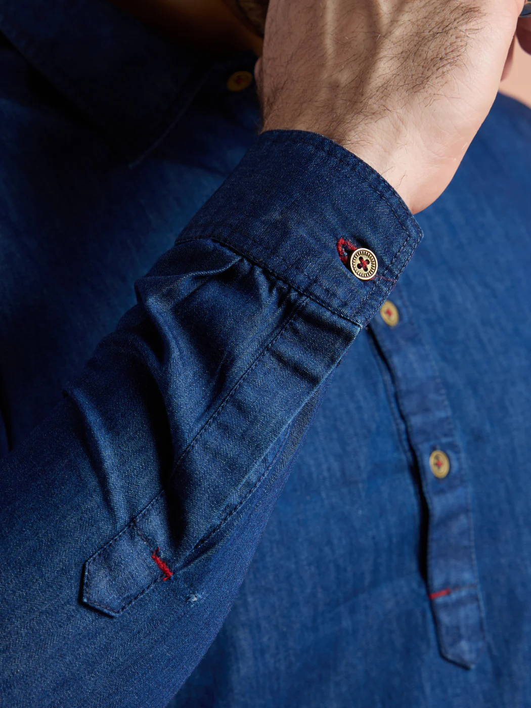 Blue Denim Solid Pathani Kurta - Image 6