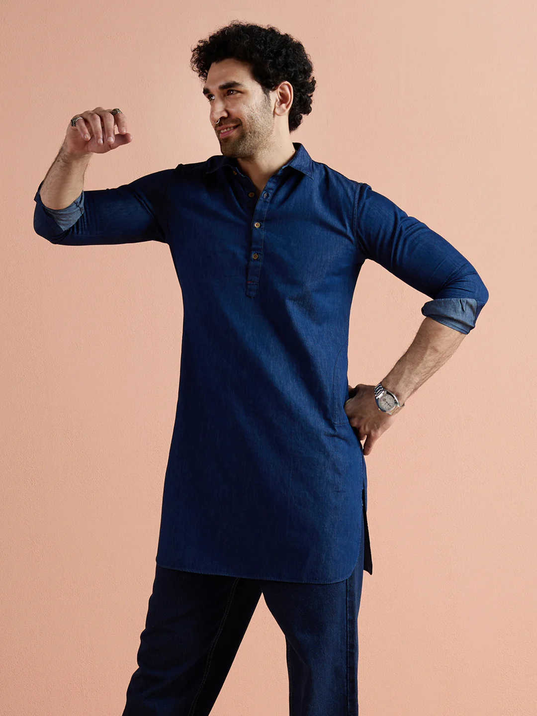 Blue Denim Solid Pathani Kurta - Image 7