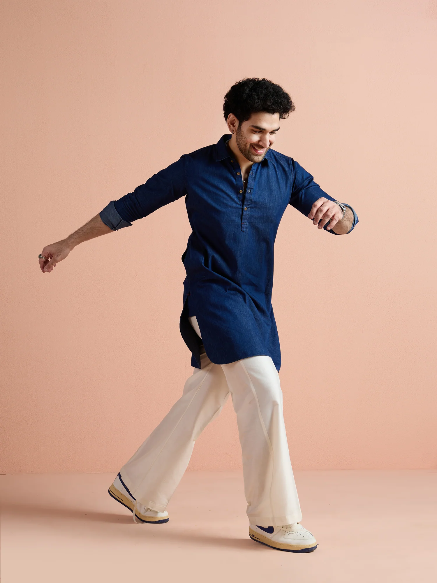 Blue Denim Solid Pathani Kurta Wide Leg Pant Set - Image 2