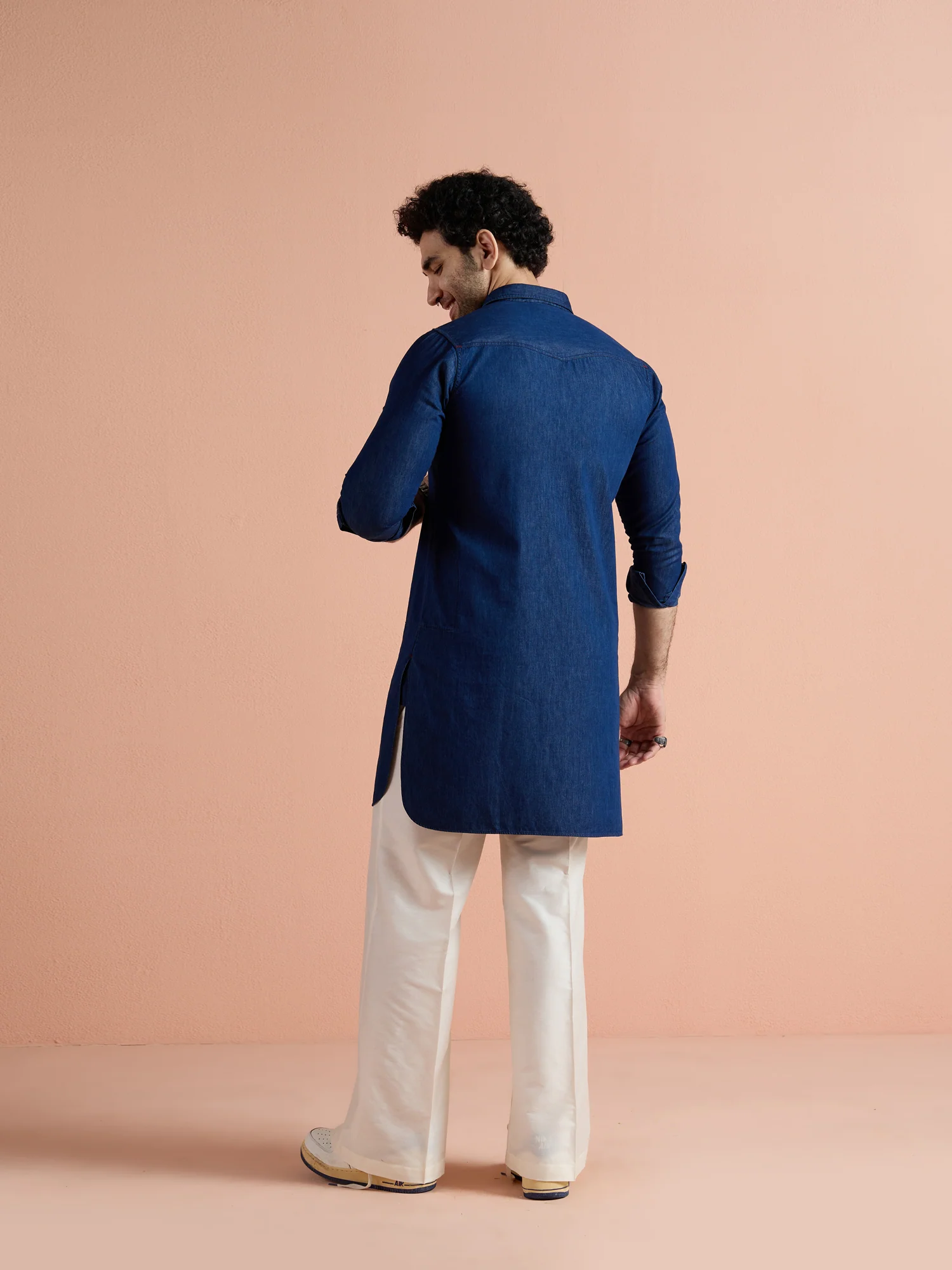 Blue Denim Solid Pathani Kurta Wide Leg Pant Set - Image 4