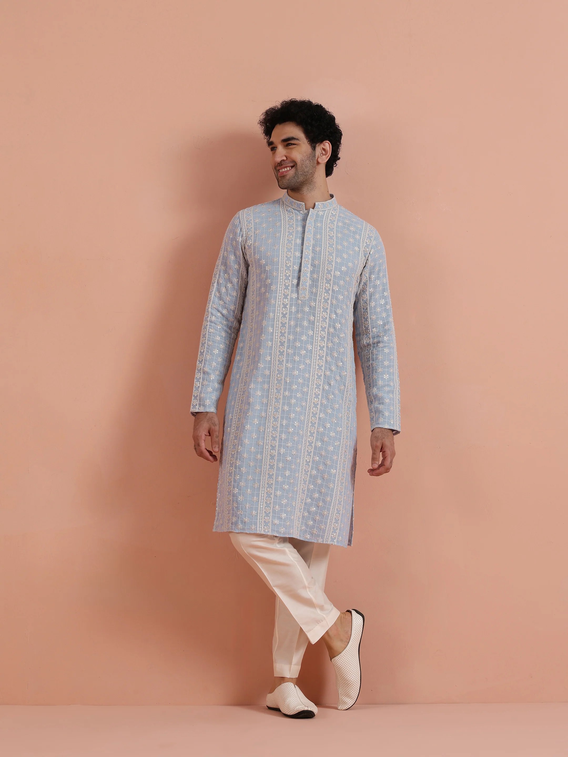 Blue Georgette Embroidered Kurta Trouser Set - Image 7