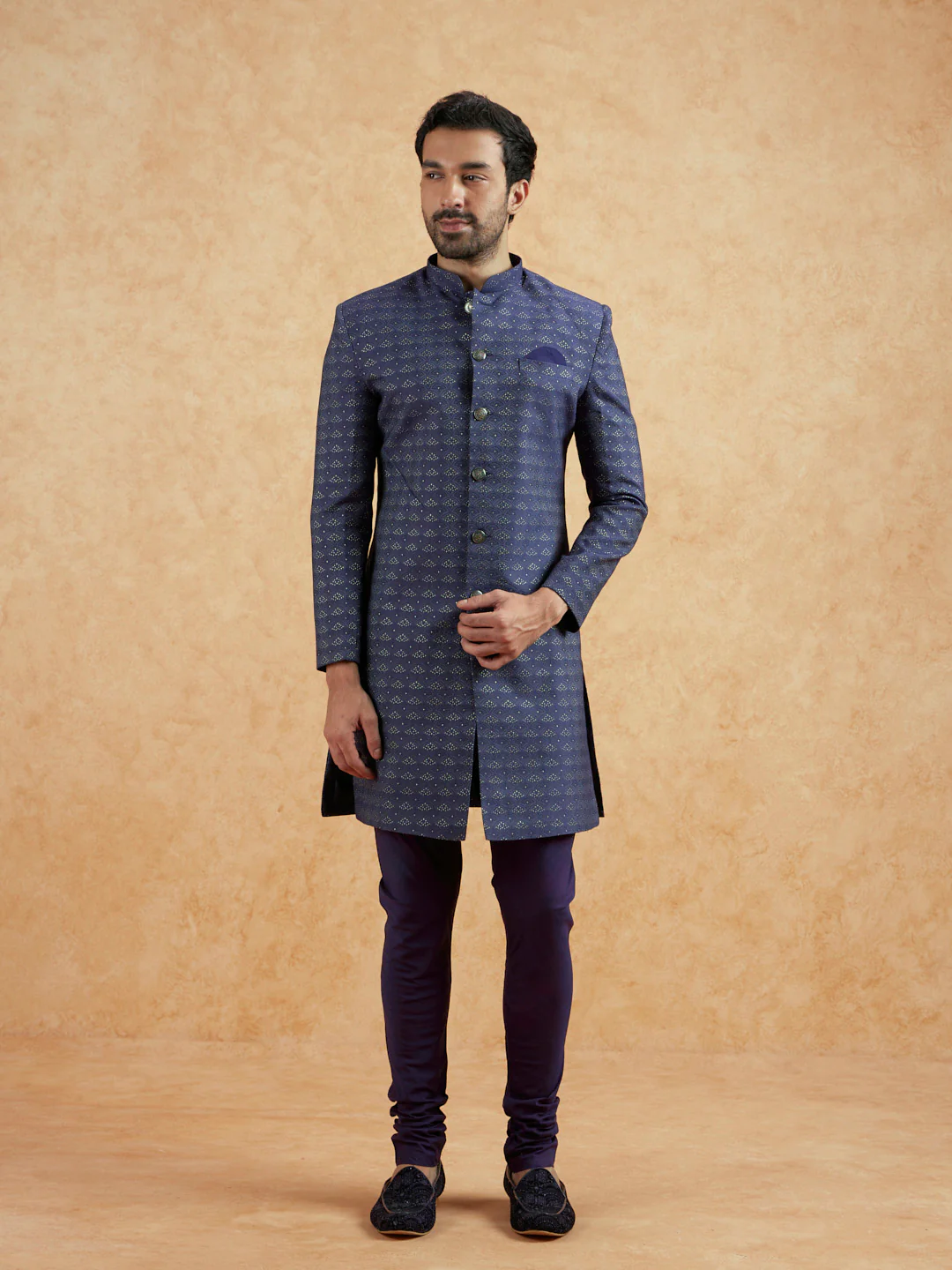 Blue Jacquard Woven Sherwani Churidar Set - Image 3