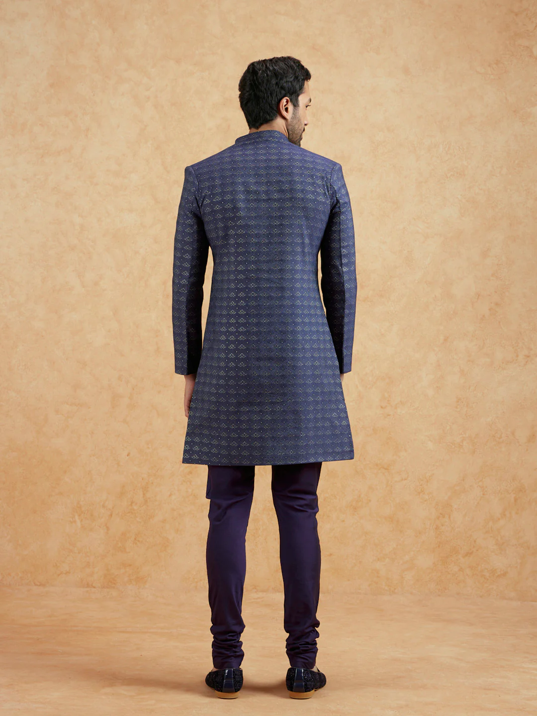 Blue Jacquard Woven Sherwani Churidar Set - Image 4