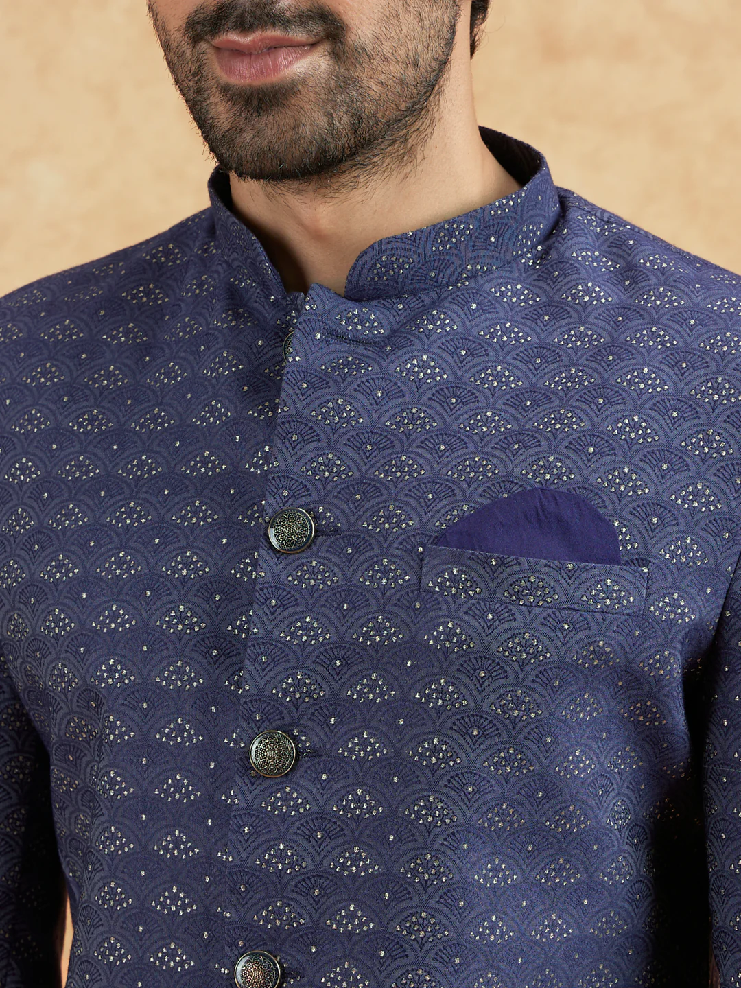 Blue Jacquard Woven Sherwani Churidar Set - Image 5