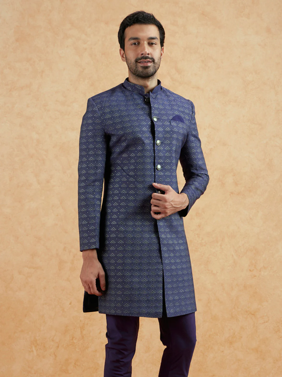 Blue Jacquard Woven Sherwani Churidar Set - Image 8