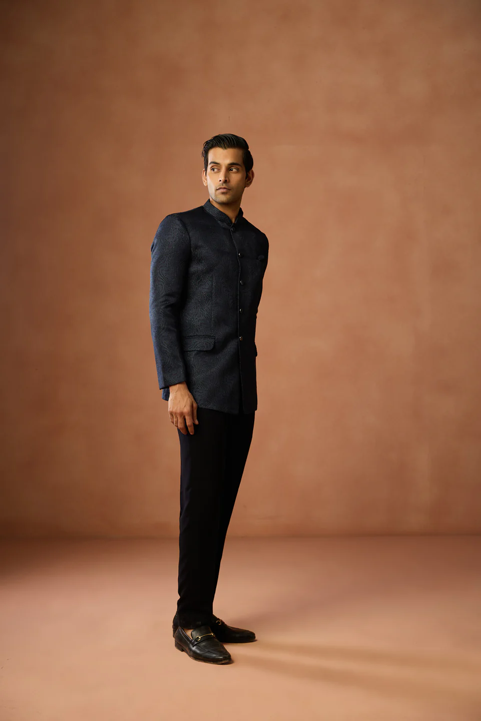 Navy Textured Silk Blend Bandhgala - Image 2