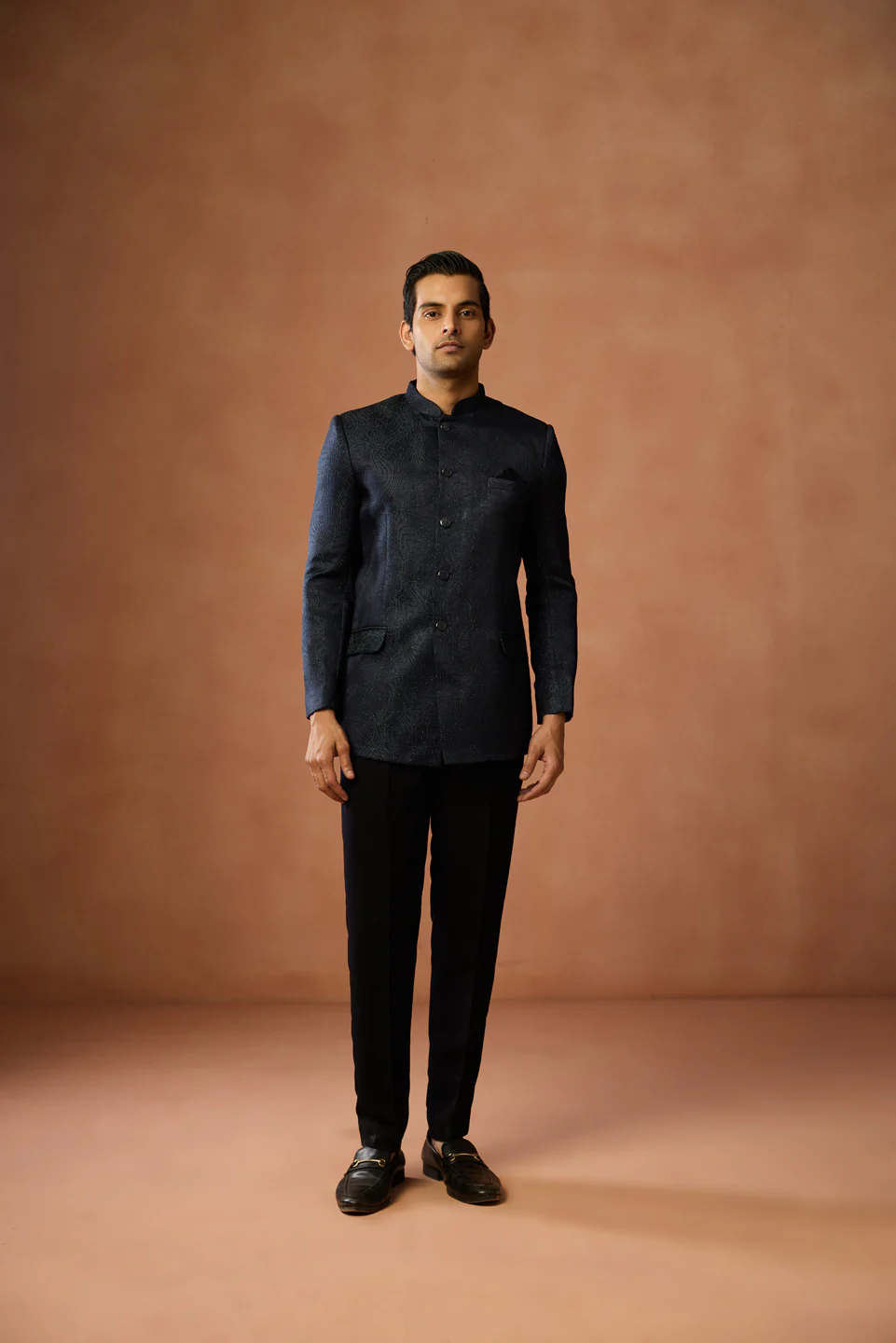 Navy Textured Silk Blend Bandhgala - Image 6