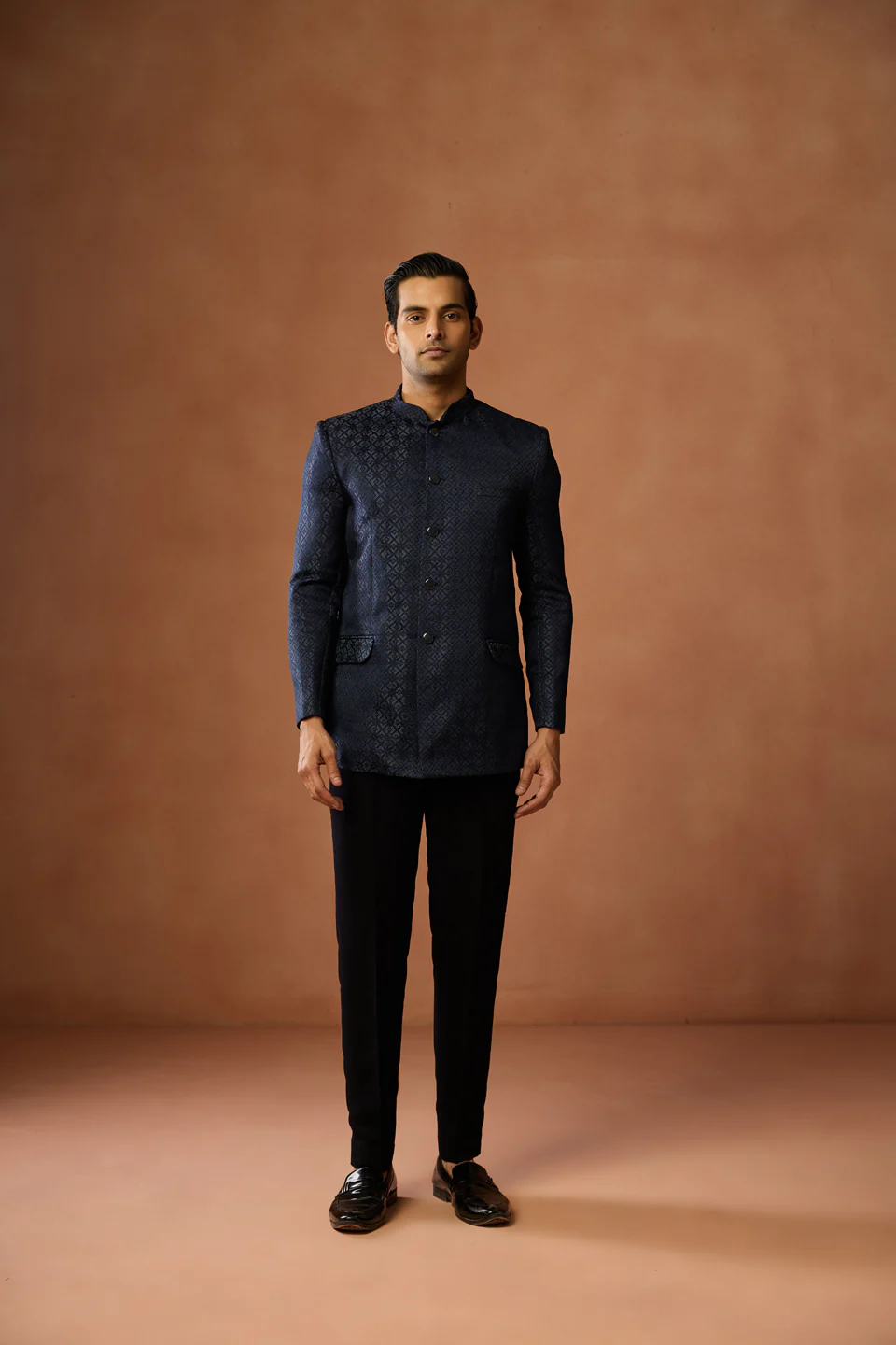 Navy Jacquard Silk Blend Bandhgala - Image 6
