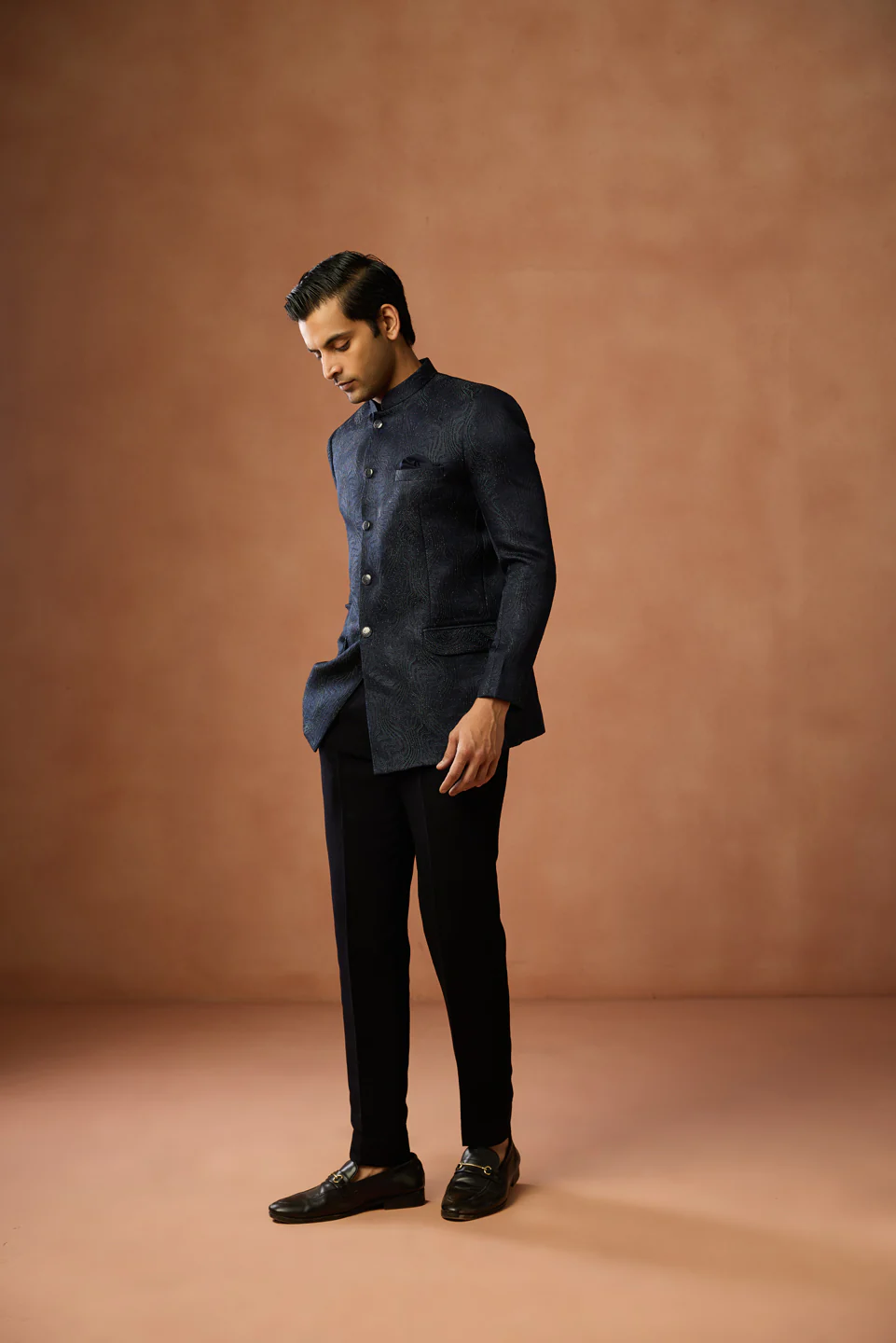 Navy Blue Textured Bandhgala Trouser Set - Image 3